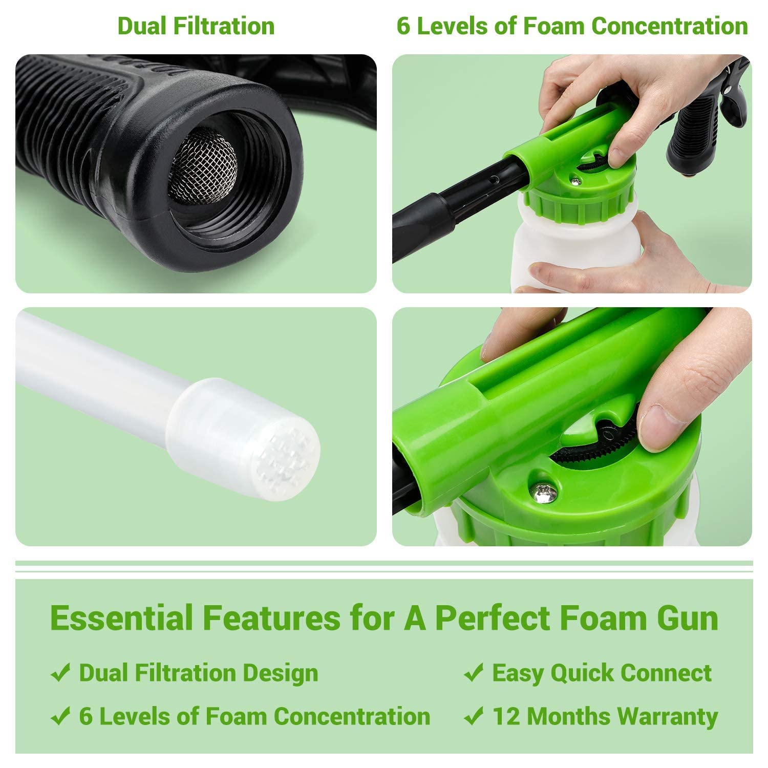 Ohuhu Car Wash Foam Gun, Car Wash Soap Sprayer With 3/8 Brass Connector & Car Washing Mitts, Dual Filtration, 6 Levels Of Foam Concentration, Quick Connect To Most Garden Hose (Green)