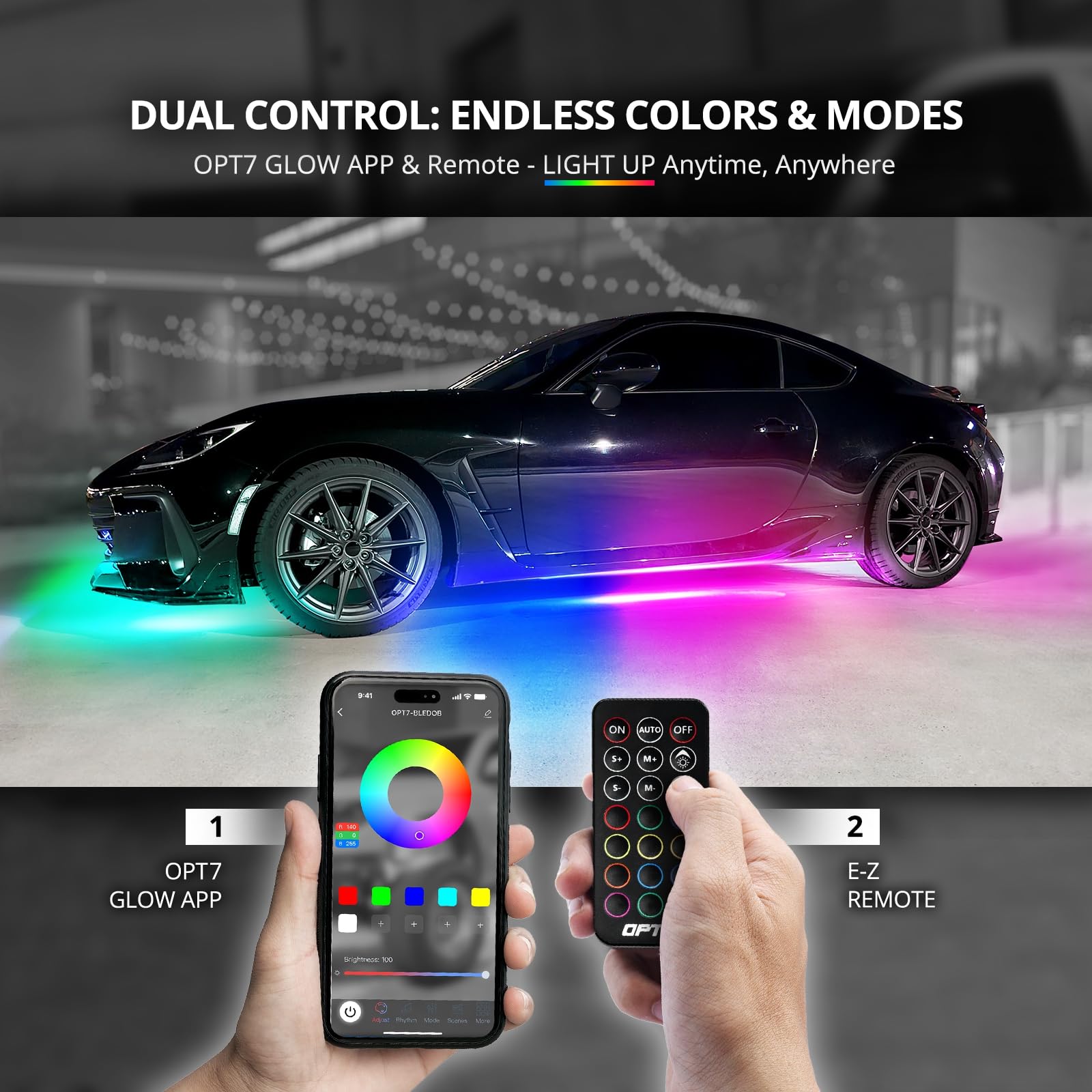 Opt7 Aura Dreamcolor Underglow Chasing Light Kit With App & Remote Control, 4 Pcs Flexible Rgbic Led Light Strips, Exterior Neon