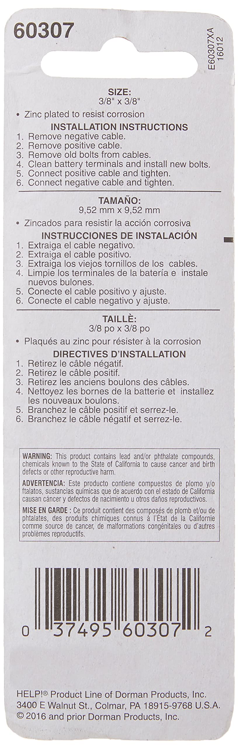 Dorman 60307 3/8 In.-16 X 3/8 In. Stud Length, 1-1/8 In. Long Side Terminal Bolts, 2 Pack Universal Fit