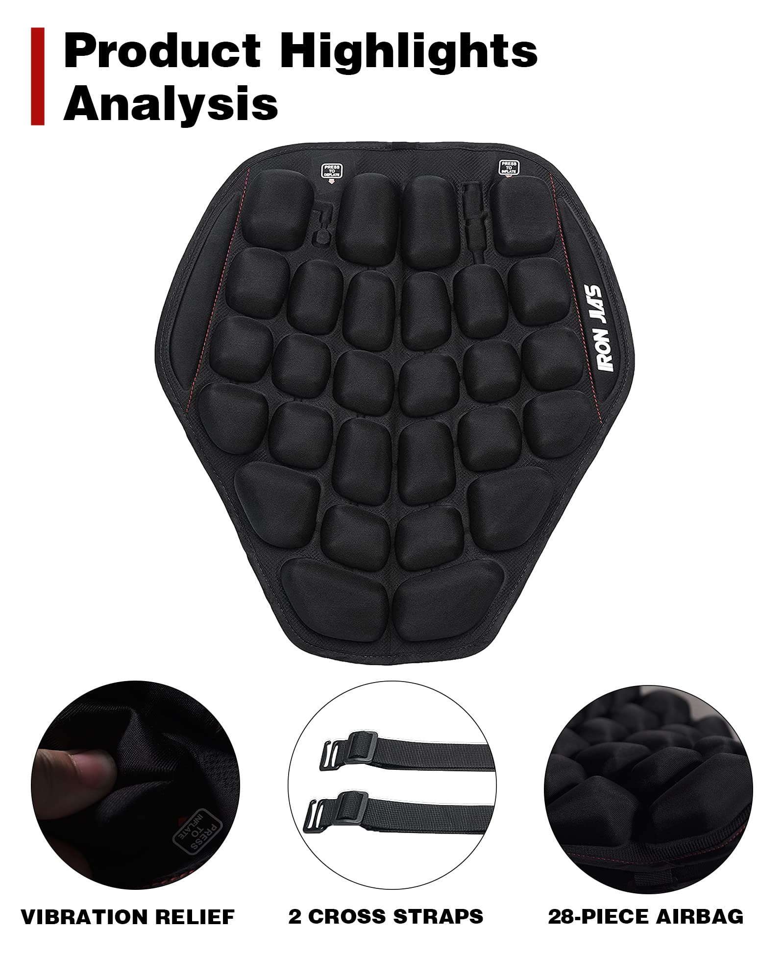 Grapelet Motorcycle Seat Cushion Pressure Relief Hand Press Inflatable Motorcycle Air Seat Pad Shock Absorption Butt Protective Comfortable For Long Rides