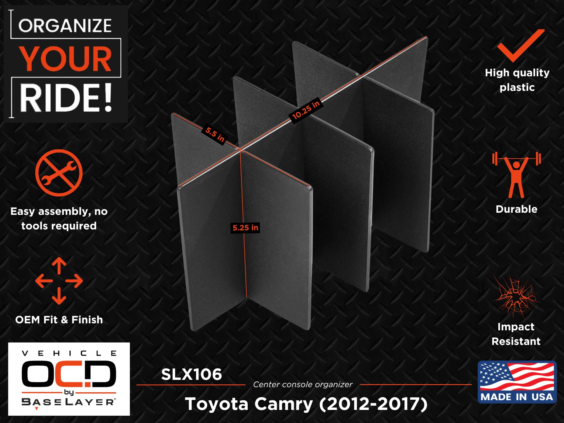 Vehicle Ocd - Center Console Organizer For Toyota Camry (2012-2017) - Made In Usa - Slx106