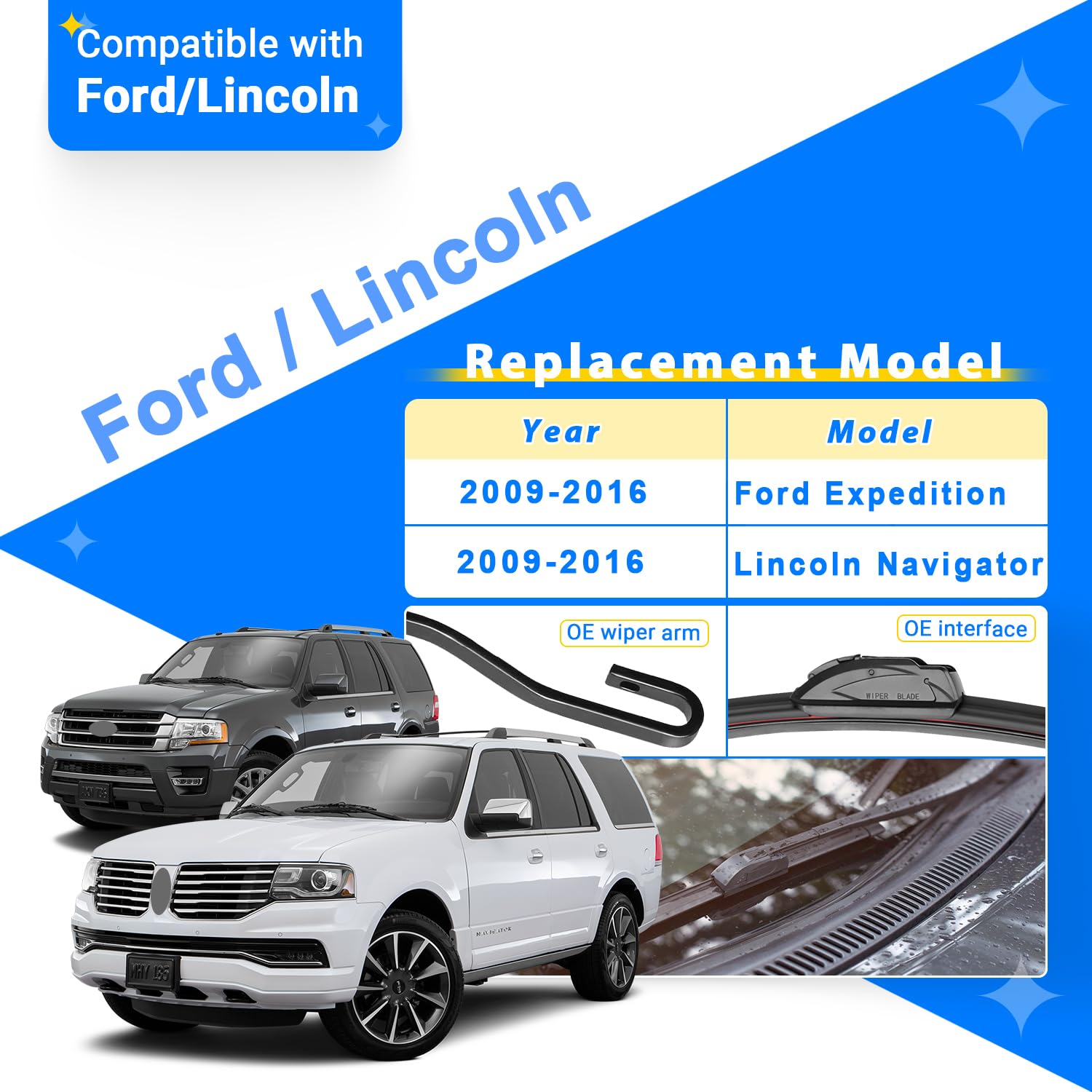 Raintok Windshield Wiper Blades Replacement For 2009-2016 Ford Expedition Lincoln Navigator Original Factory Quality Front Rear