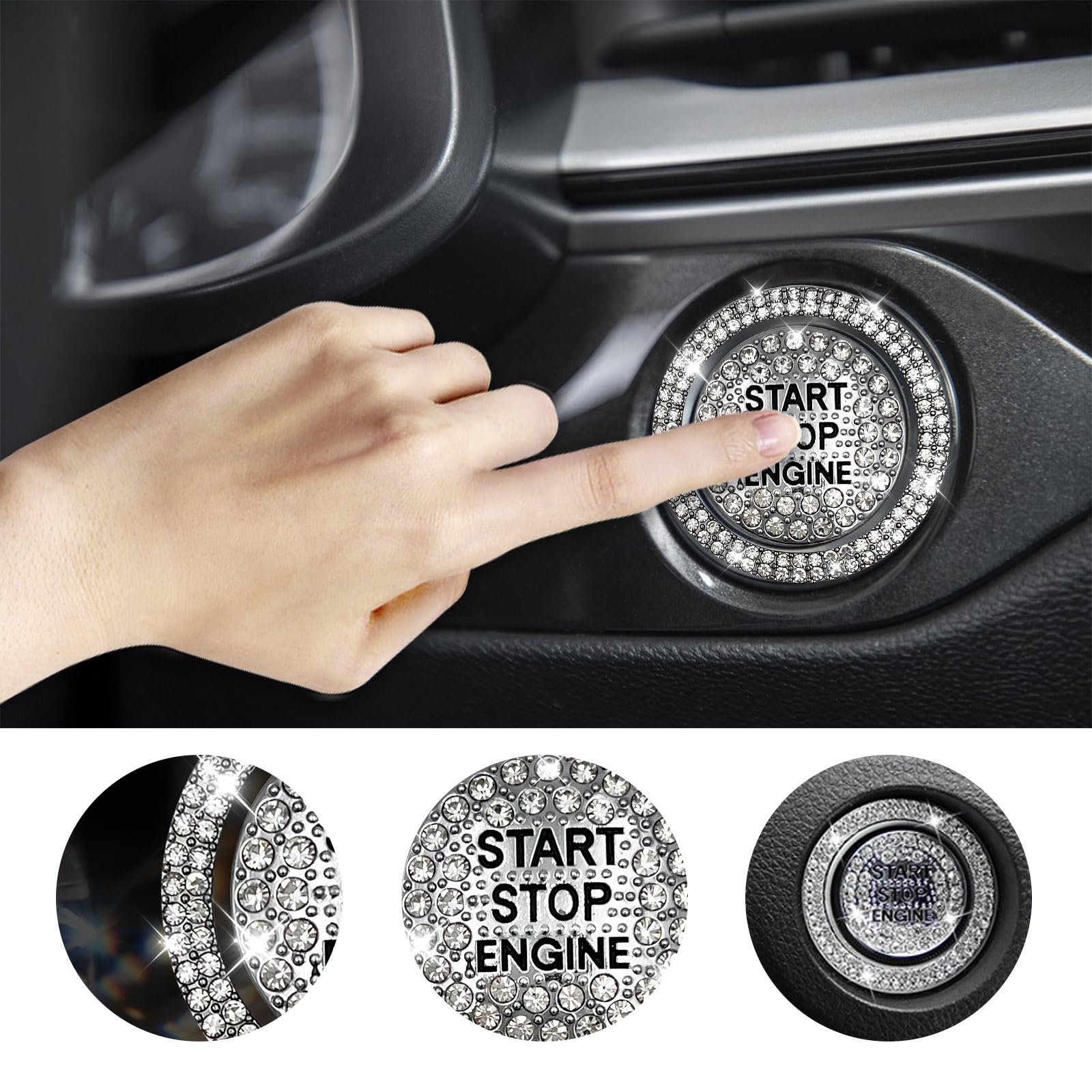 Sylvil Bling Car Push Start Button Sticker, Sparkling Rhinestones Fully Protect Button Decorative Cover, Anti-Scratch Key Igniti