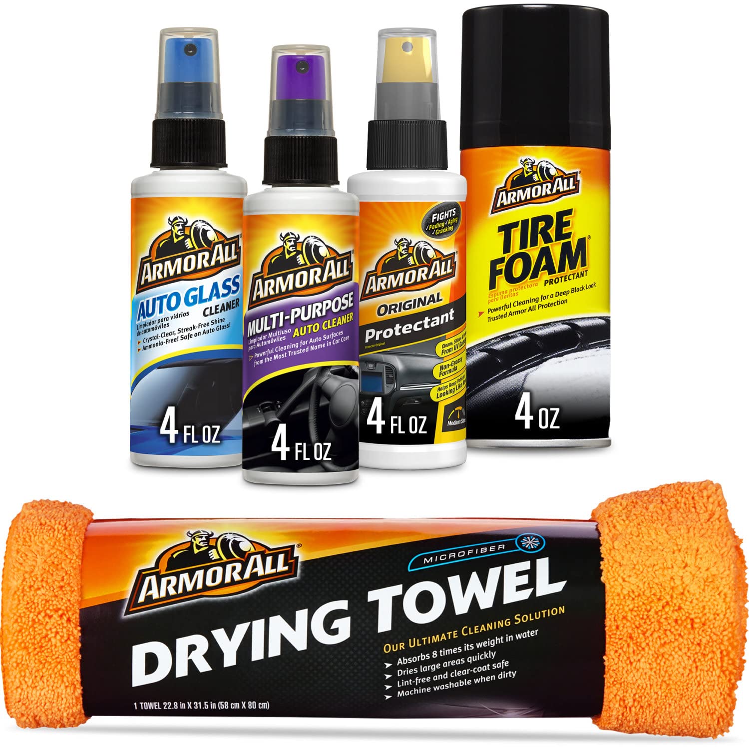 Armor All Car Wash And Car Interior Cleaner Kit, Includes Towel, Tire Foam, Glass Spray, Protectant Spray And Cleaning Spray, Mu