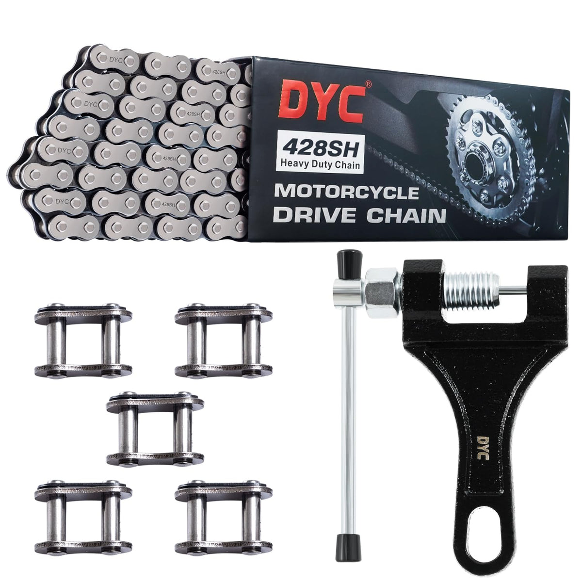Dyc 428H Motorcycle Chain 122 Links With Chain Breaker, 428 Heavy Duty Chain For 125 150 200Cc Motorcycle Mini Bike Dirt Bike Go Kart Compatible With Ssr Taotao Coolster Apollo Baja Kazuma Chinese Atv
