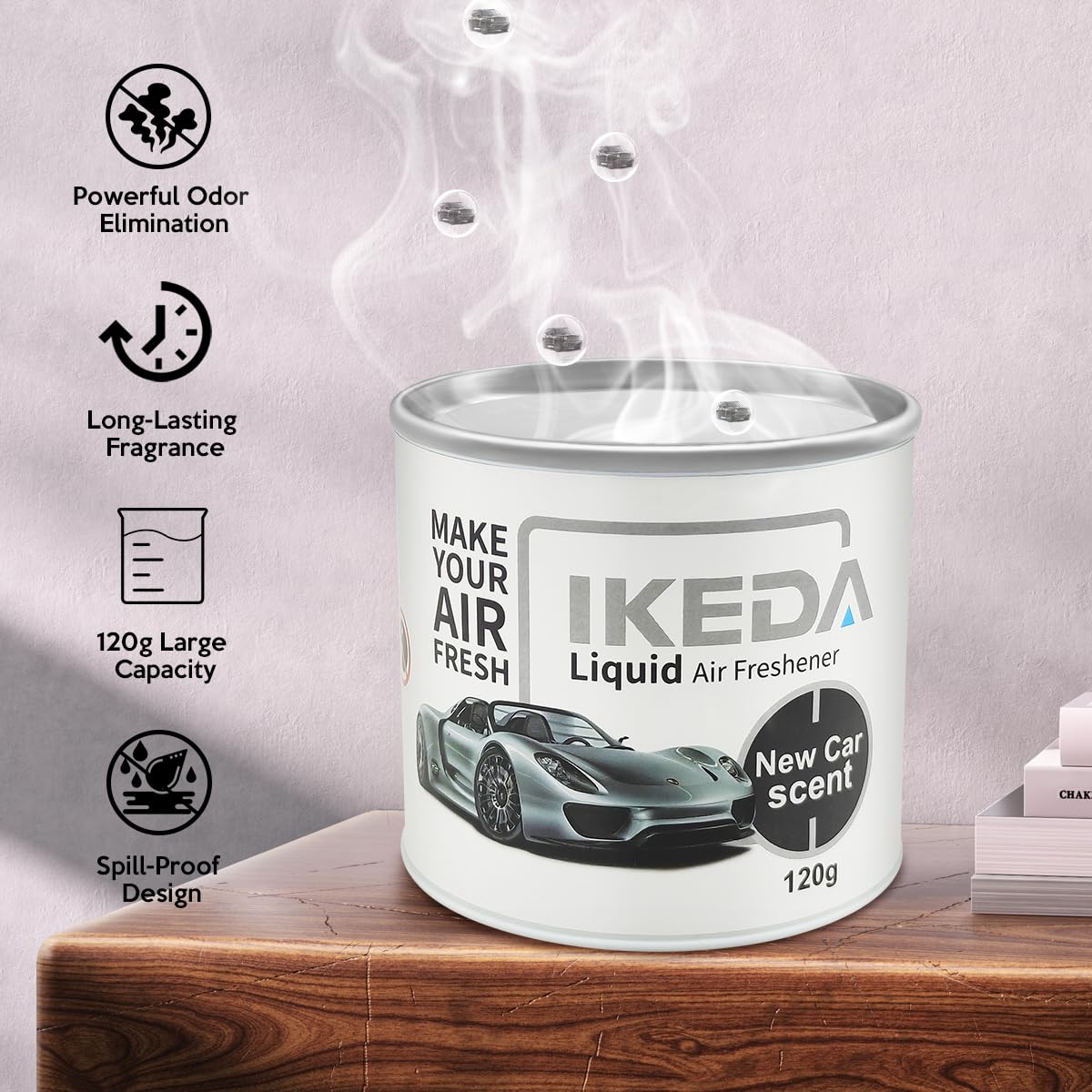 Ikeda Scents Car Air Freshener: New Car Scent Liquid Cans | Odor Elimination | Smoke Smell Remover | Strong Long-Lasting Fragran