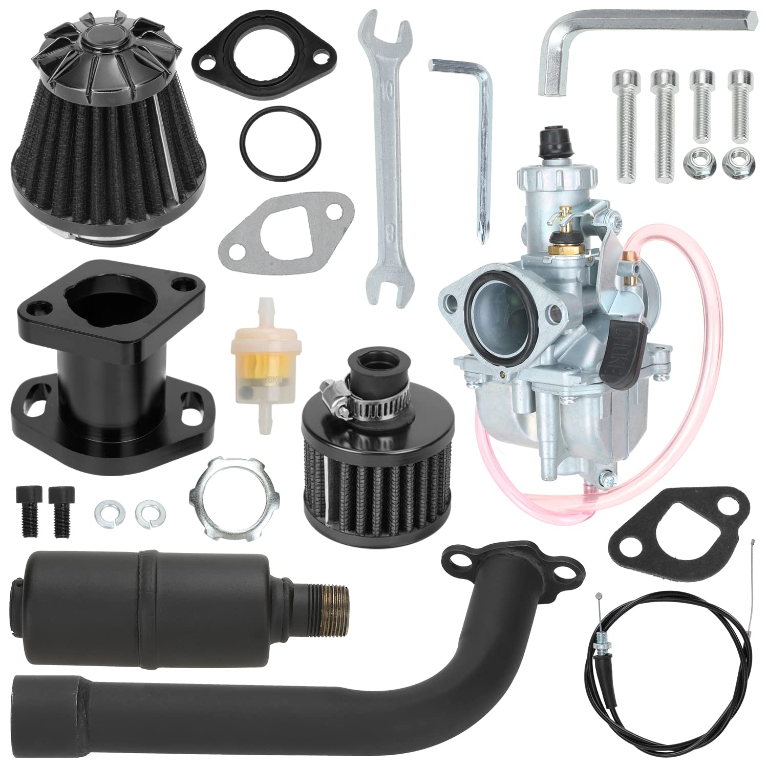 Yoxufa 212Cc Carburetor Vm22 Carb Exhaust Pipe Muffler Stage 2 Kit For Predator 196Cc 200Cc 6.5Hp Engine Coleman Ct200U Bt200X Baja Warrior Mb200 Gx160 Gx200 Mini Bike Go Kart High Performance Parts