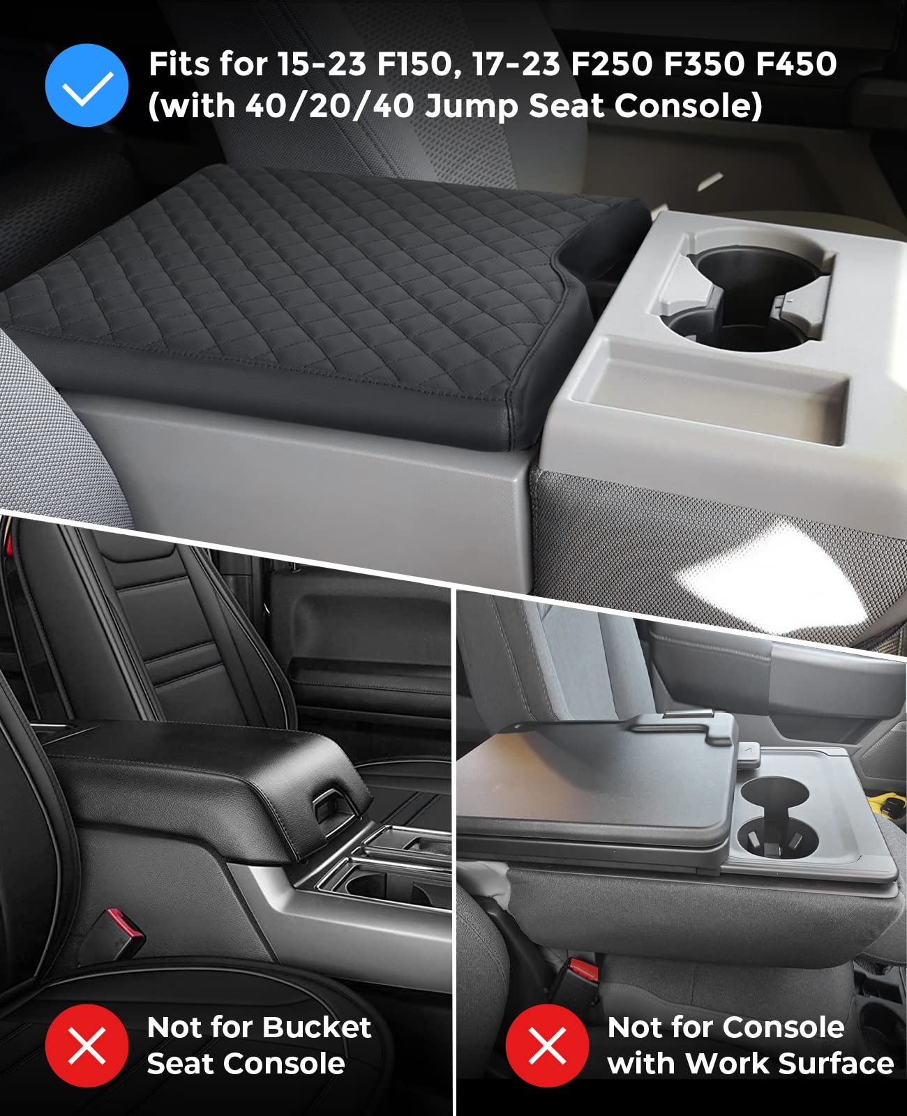 Issyauto Center Console Cover Compatible With 2015-2023 F150, 2017-2023 F250 F350 F450 With 40/20/40 Jump Seat, Leather Armrest Cover Middle Console Cover Armrest Box Protective Cover