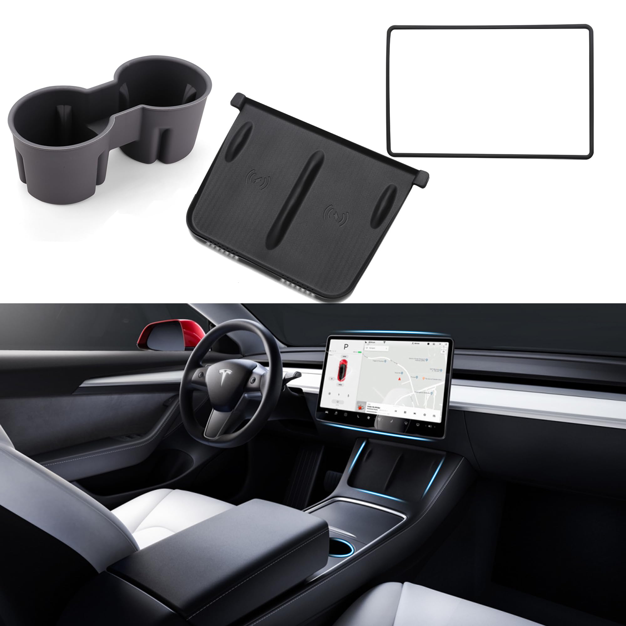 TOPABYTE 3PCS Center Console Accessories for Tesla Model Y 2021-2024 and Model 3 2021-2023 Cup Holder Insert, Screen Edge Protec