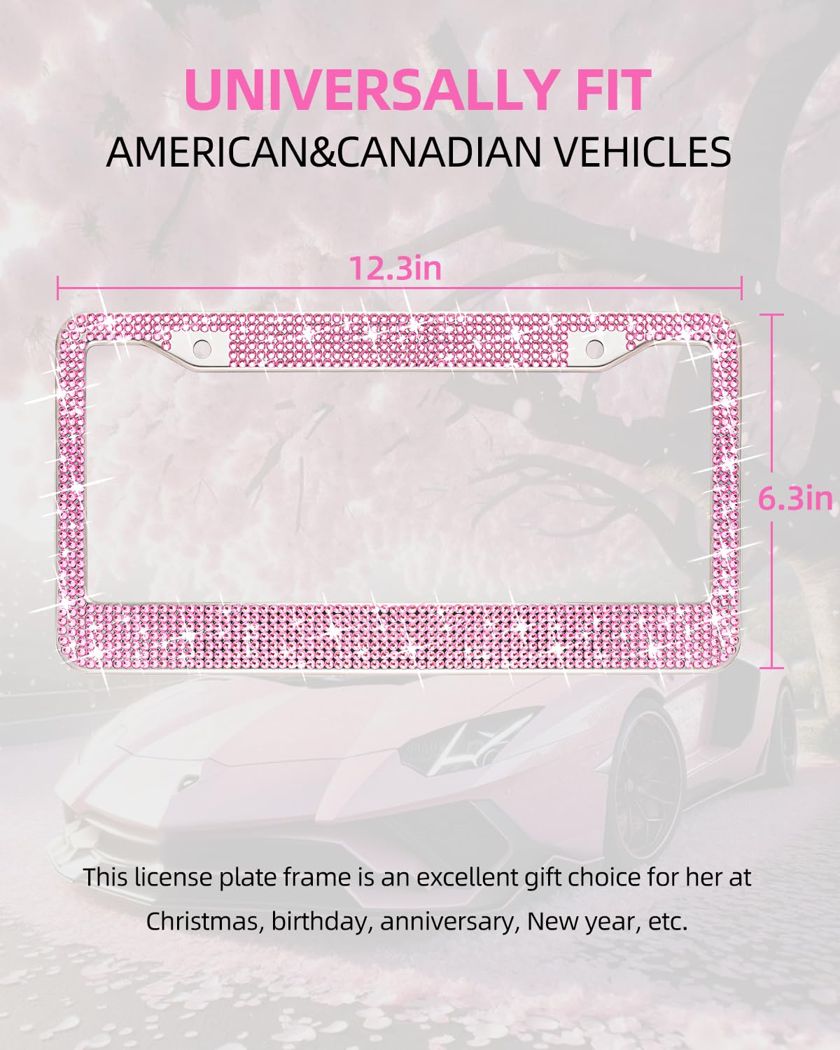 Xclpf Pink Bling License Plate Frames For Women,Handcrafted Clear Glass Diamond Rhinestone Crystals,Sparkly Premium Stainless St