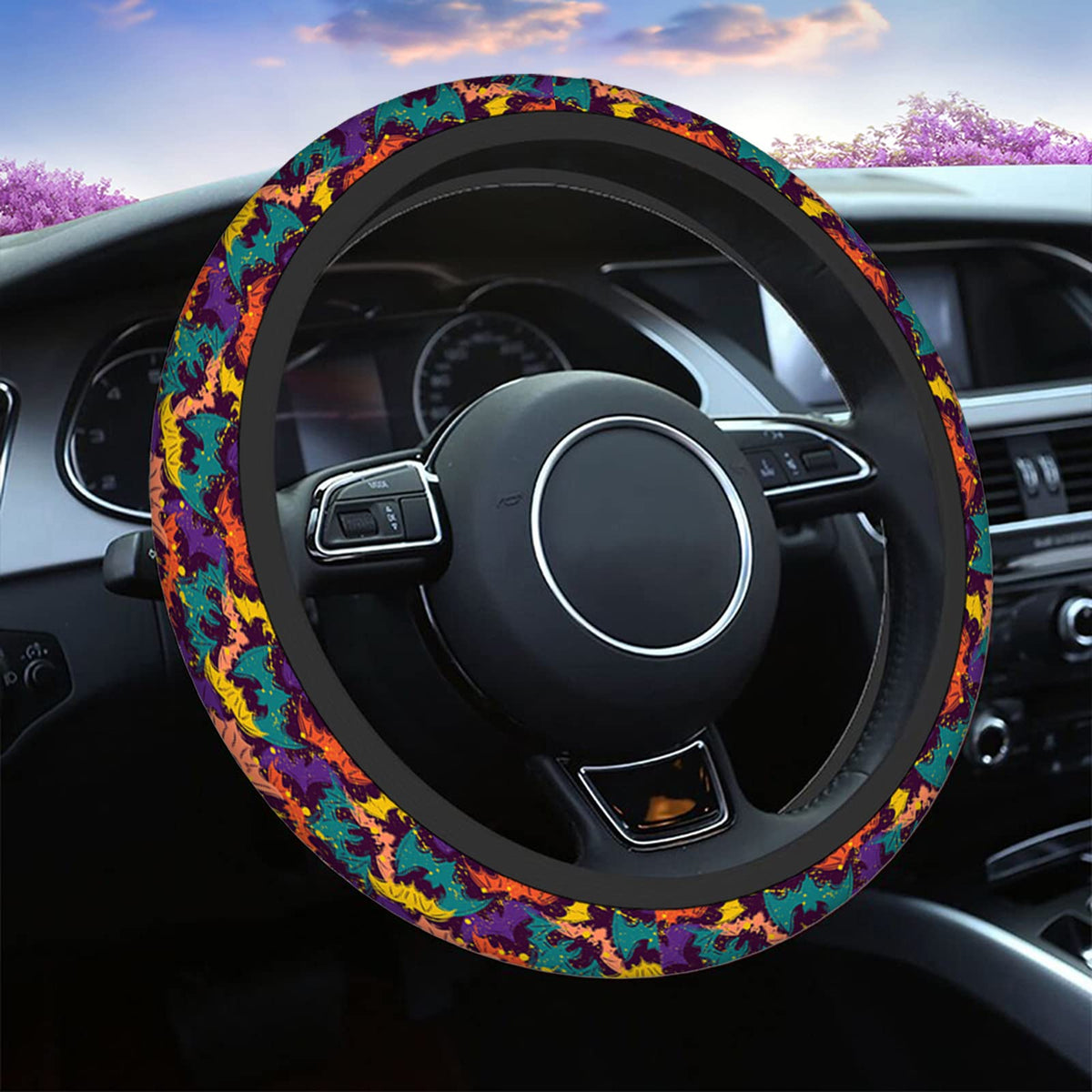 Swono Halloween Bat Steering Wheel Cover Colorful Birds Bats With Spread Wings Universal 15 Inch Auto Car Steering Wheel Covers 