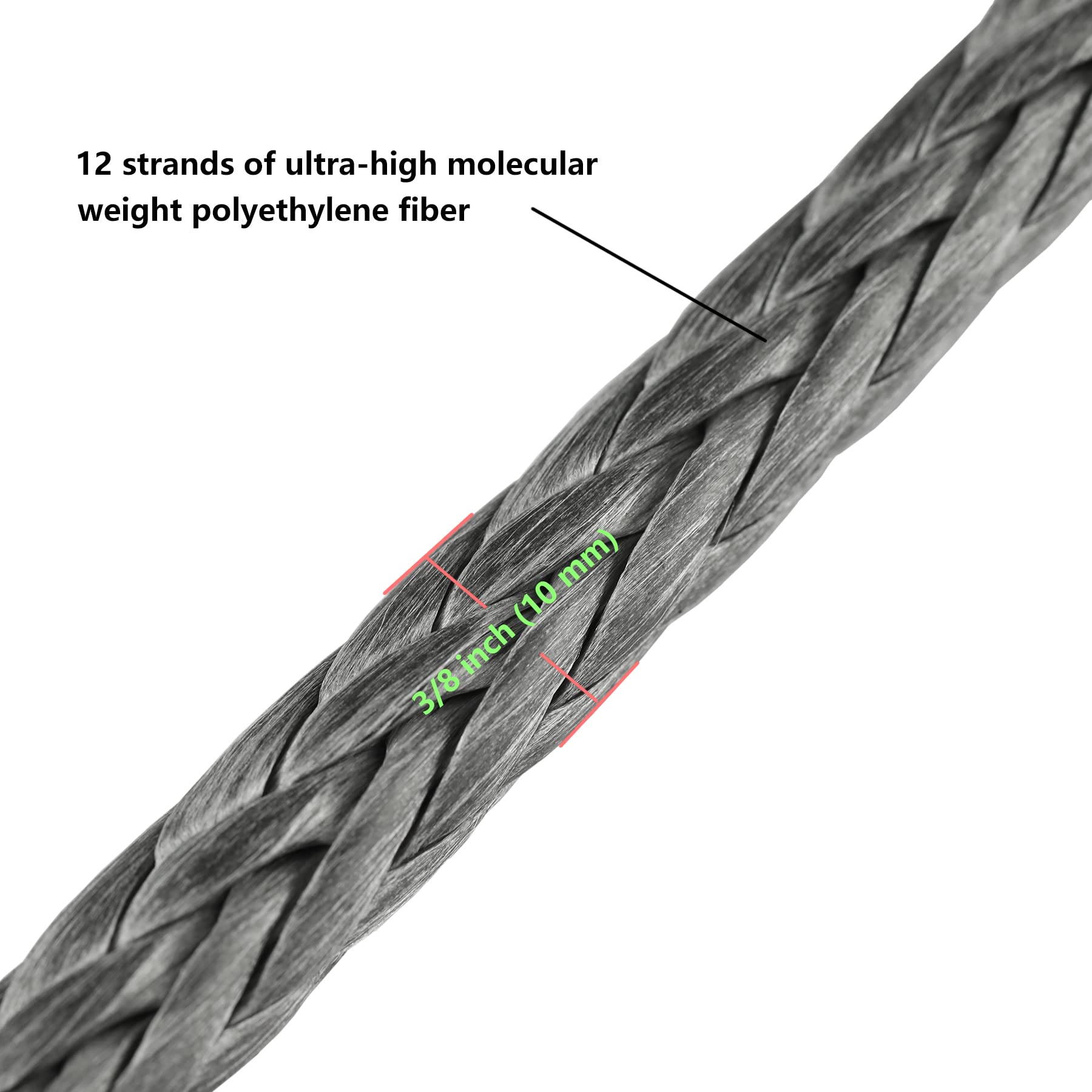 Ucreative 3/8 Inch X 50 Feet Synthetic Winch Rope Extension 26,500 Lbs For Off Road Vehicle Atv Utv Suv Gray