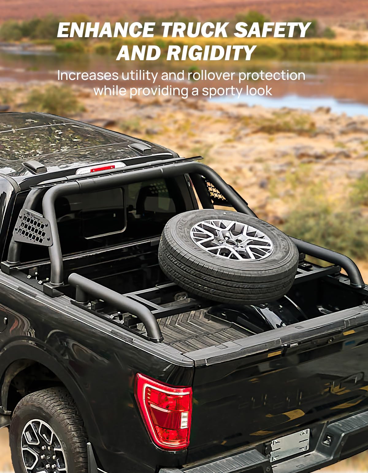 JOYTUTUS Roll Bar with Tire Carrier for Full-Size Truck Adjustable Chase Rack Pickup Sport Bar Compatible with F150, F250, F350,