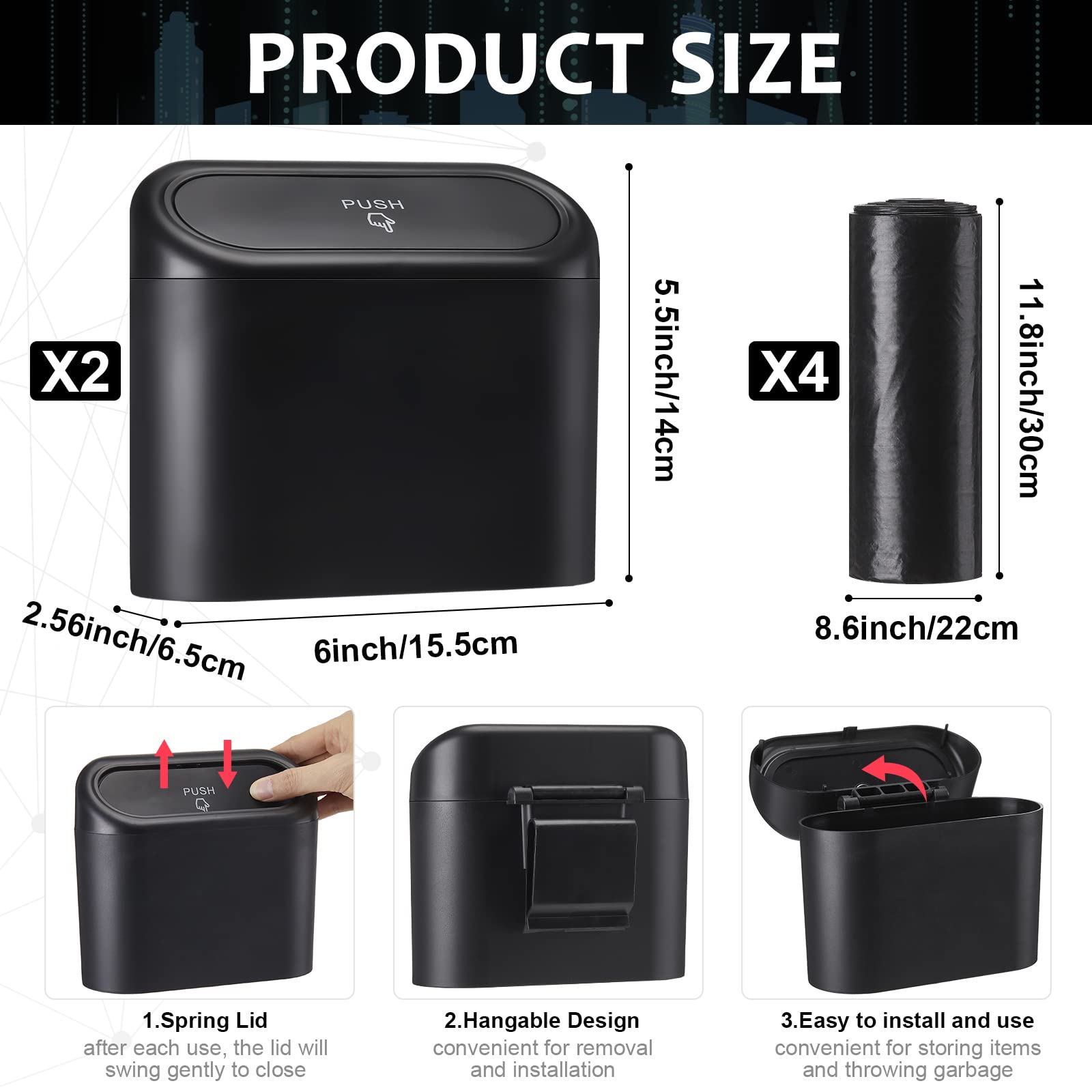 2 Pcs Car Garbage Can, Car Trash Can Bin with Lid and 60 Trash Bags Leakproof Small Trashcan Bin Dustbin Driver Organizer Access