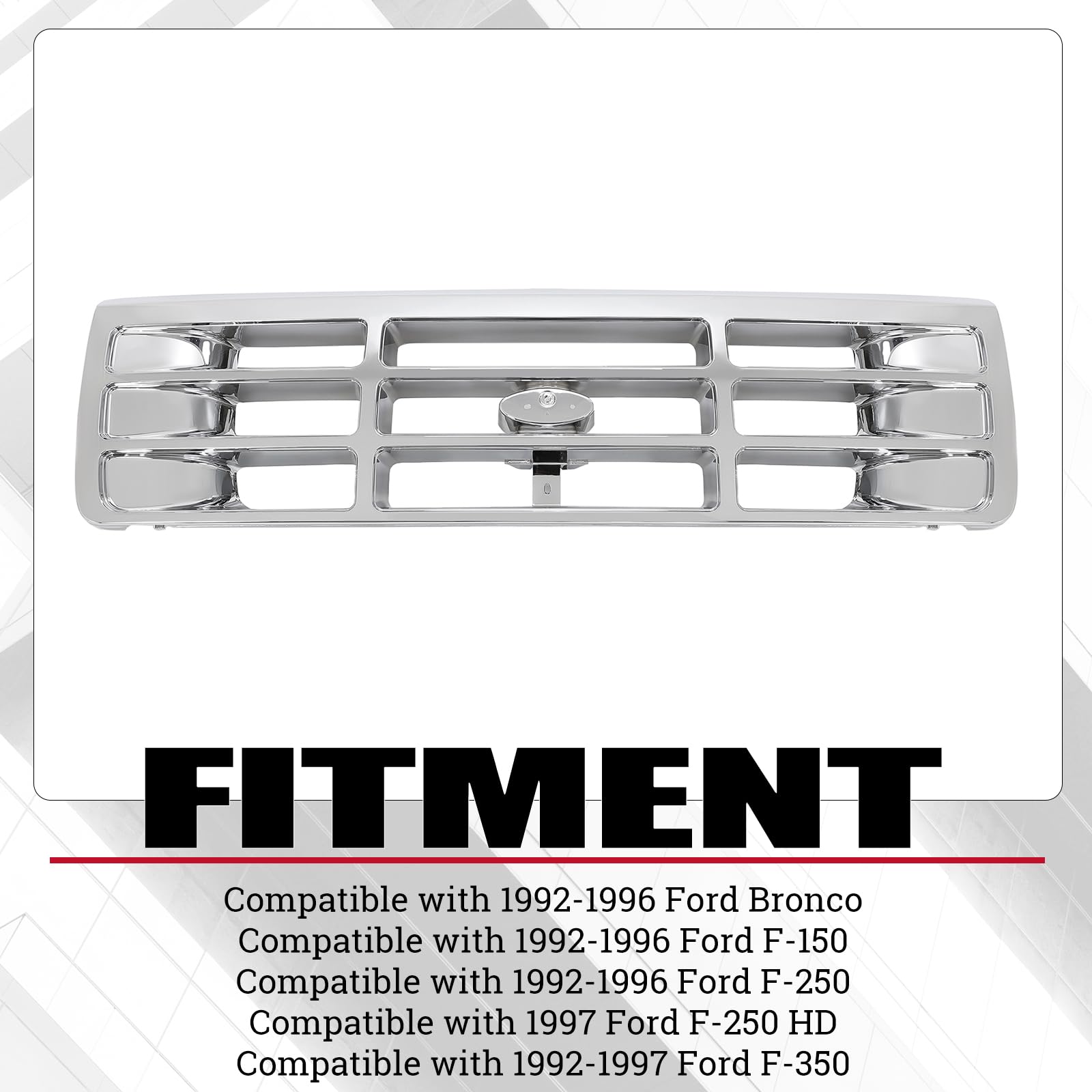 Hecasa Front Grille Grill Compatible With 1992-1997 Ford Bronco F-150 F-250 Hd F-350 Bumper Grille Replacement For Fo1200442 E4Tz8200 Grill Assembly Chrome Silvery