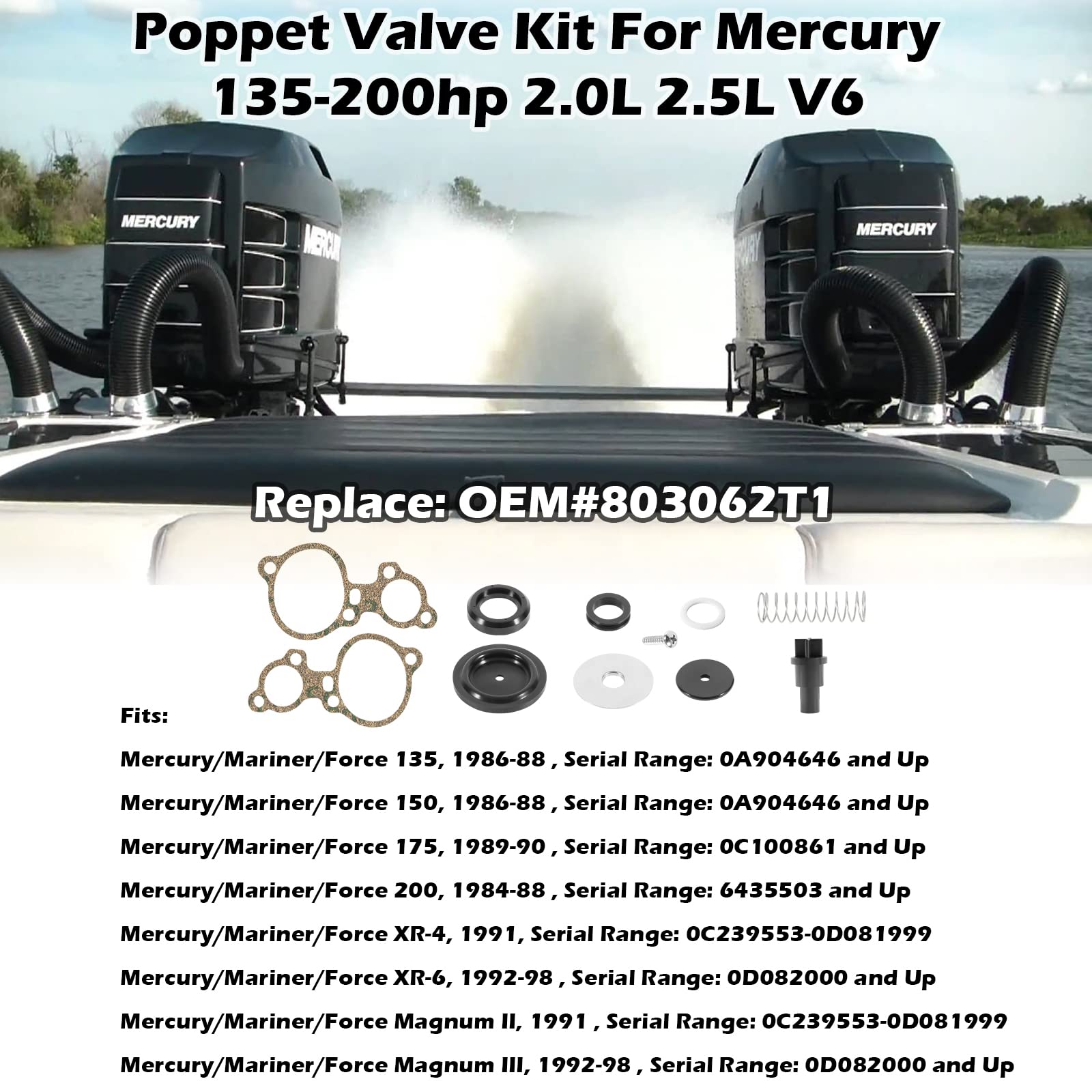 803062T1 Poppet Valve Kit Fit For Mercury 135-200Hp 2.0L 2.5L V6, For Magnum Ii Magnum Iii Xr4 Xr6 V135 V150 V175 V200 Replace Oem 8030-1 803062T1