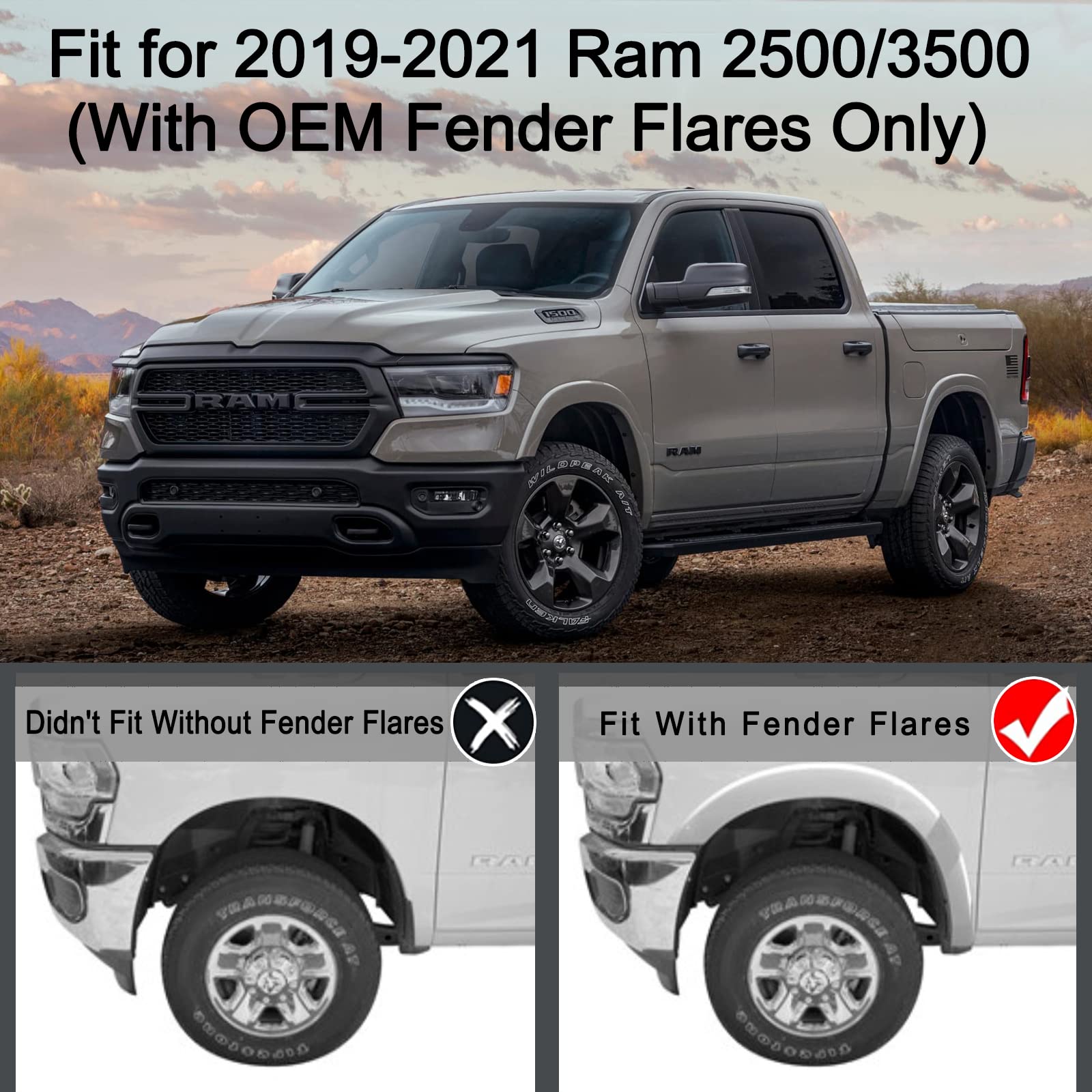 Tecoom Custom Mud Flaps Splash Guards Fit For 2019-2023 Ram 2500/3500 Trucks With Oem Fender Flares(Not Power Wagon), Black Fron
