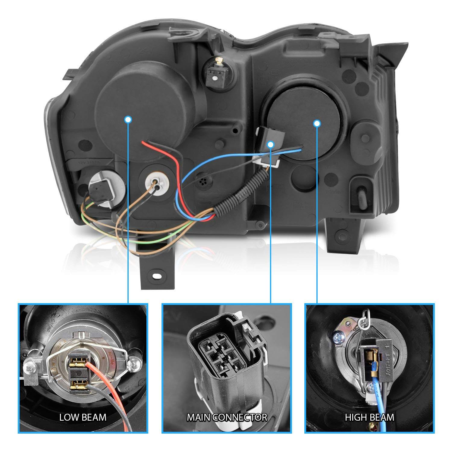 Amerilite Black Projector Replacement Headlights Xtreme Led Halo Bar Set For 2008-2010 Jeep Grand Cherokee - Passenger And Driver Side