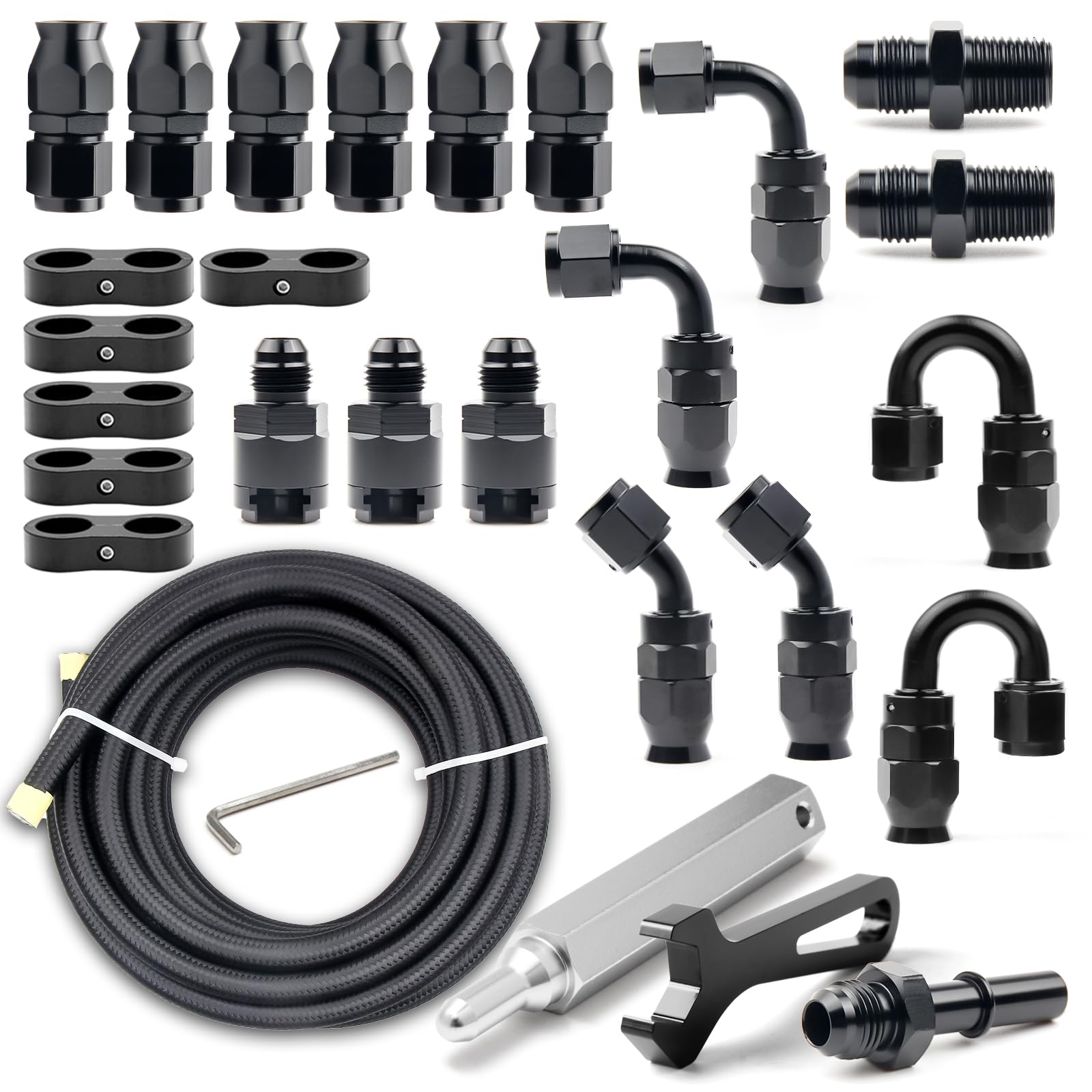 Medoon 8AN PTFE Fuel Line Kit, 13/32'' Nylon Stainless Steel Braided, LS Swap EFI E85 Injection Fuel Hose Fitting AN8 26FT