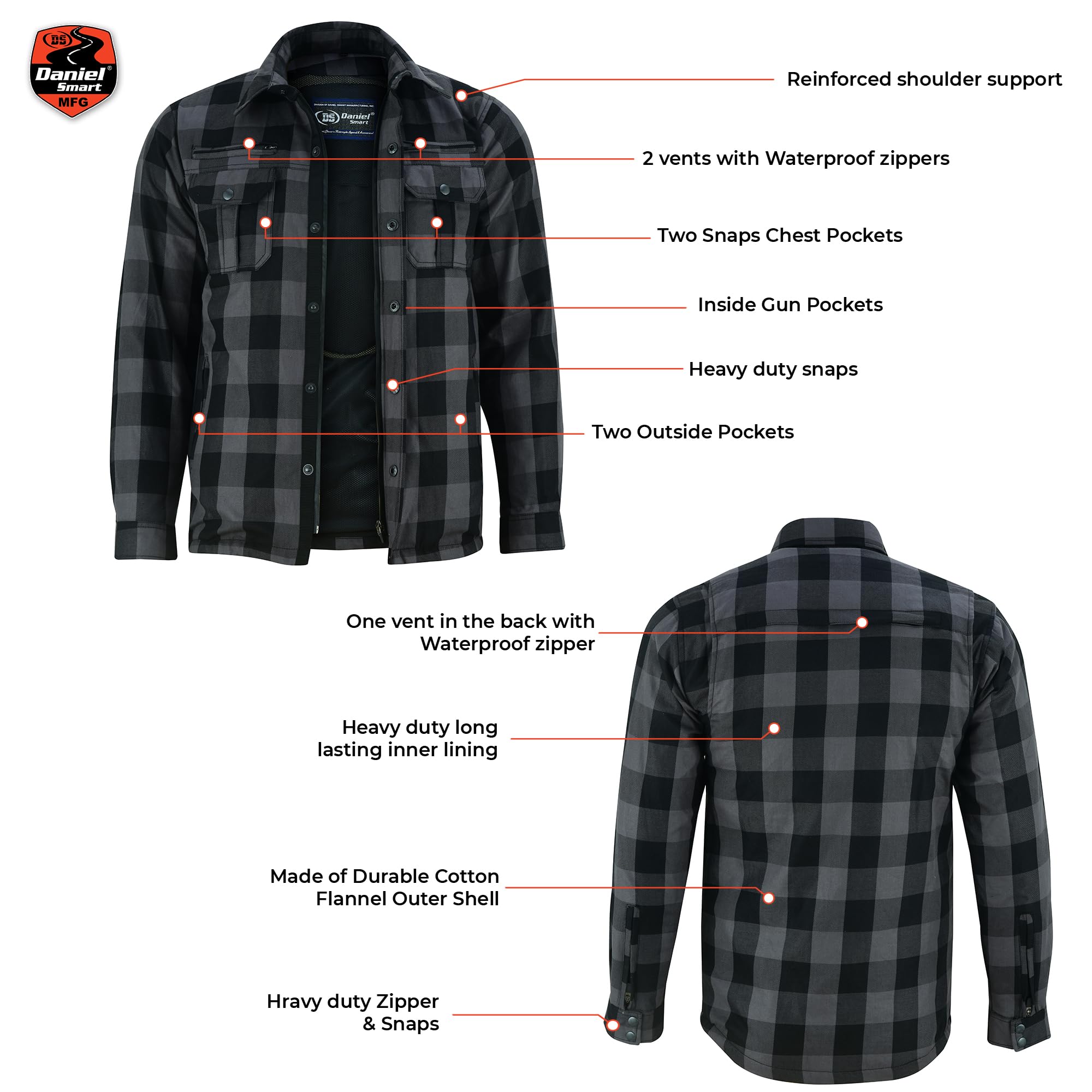Daniel Smart Men Motorcycle Plaid Shirt All Season Sporty Ce Approved Armors Flannel Bikers Shirt With Waterproof Zippers Gray