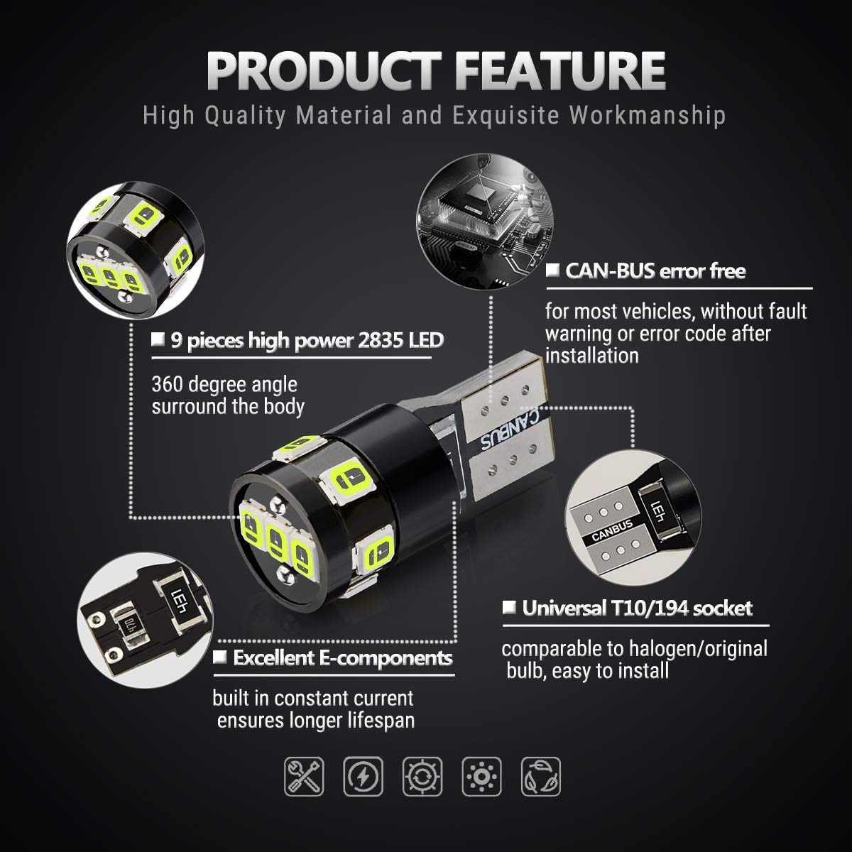 Antline 194 168 2825 W5W T10 Led Bulbs Ice Blue, Ultra Bright Error Free 9-Smd 2835 Chipsets 6000K Replacement For Car Interior Dome Map Door Courtesy License Plate Lights (Pack Of 10)