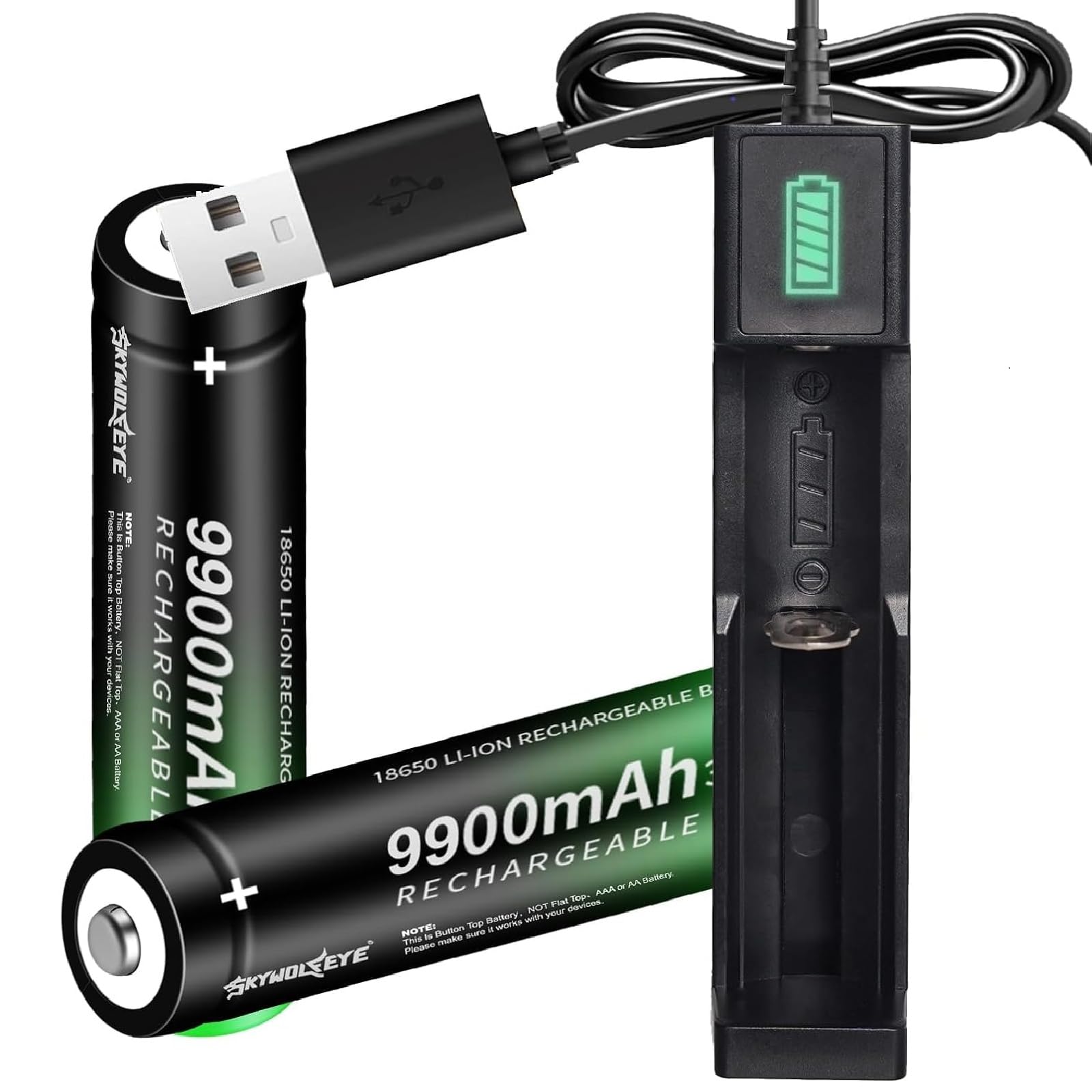 2 Pack 18650 Rechargeable Battery 9900mAh With 18650 Battery Charger,Universal Charger Single Slot for 3.7V Rechargeable Batteri