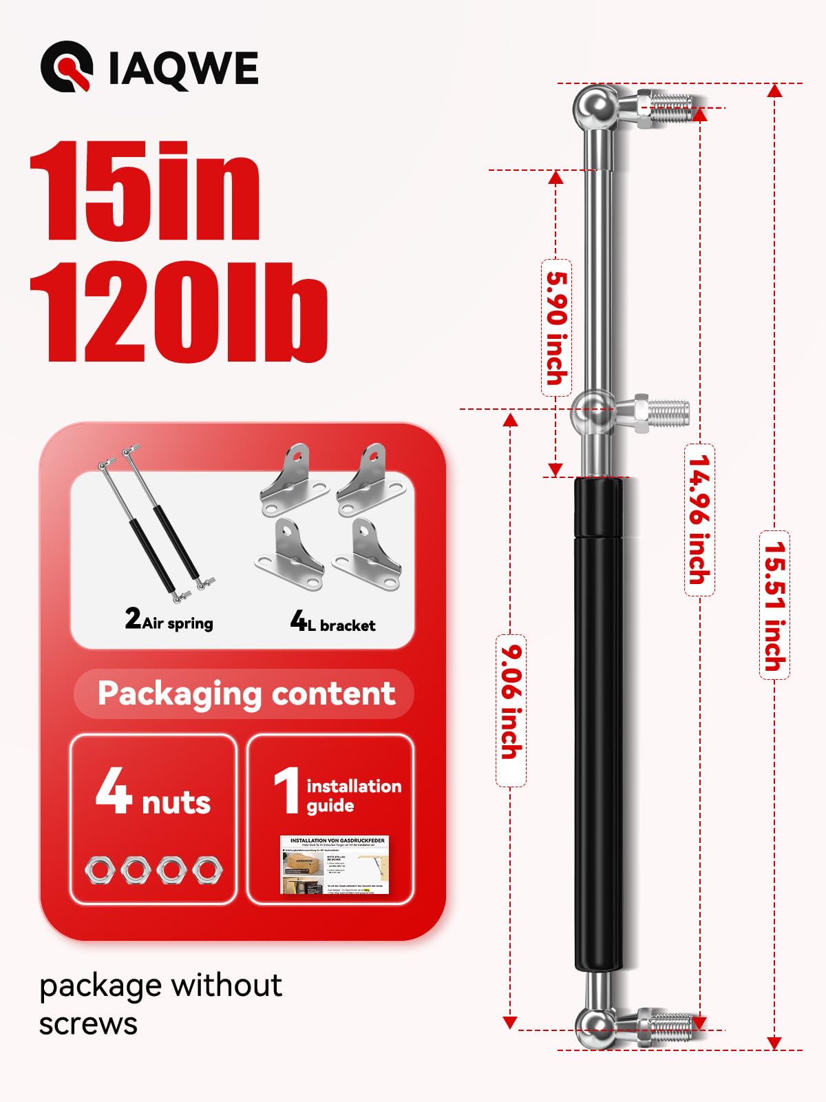 15'' 120Lbs Gas Struts Shocks with L-Type Mount Brackets for Queen RV Bed Truck Topper Tonneau Cover TV Cabinet Custom Window Fl