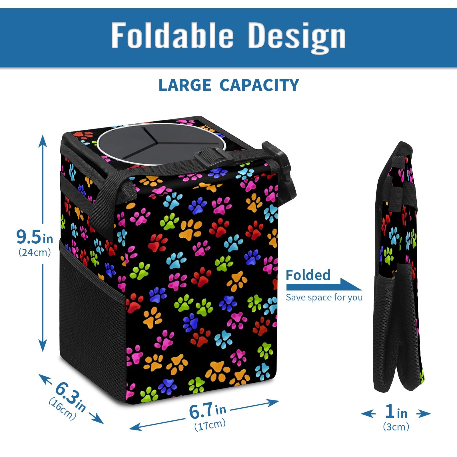 Gactivity Paws Cat And Dog Print Car Trash Can With Lid Collapsible Reusable Waterproof Car Garage Bag,Automotive Garbage Can,Car Accessories Interior Car Organizer