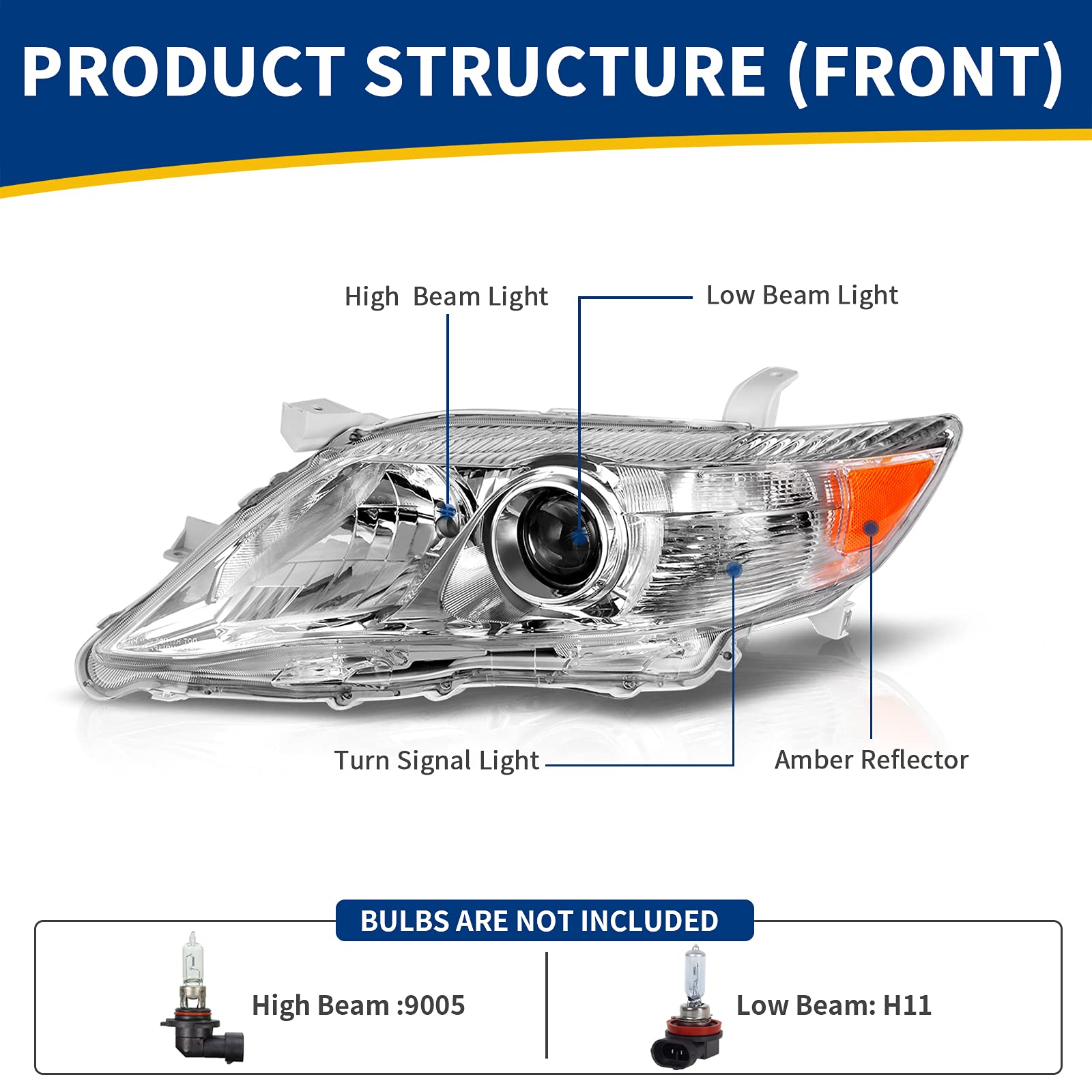 Autosaver88 Headlight Assembly Compatible With 2010-2011 Camry(Only Fit Hybrid Model) Chrome Housing Amber Reflector Projector H