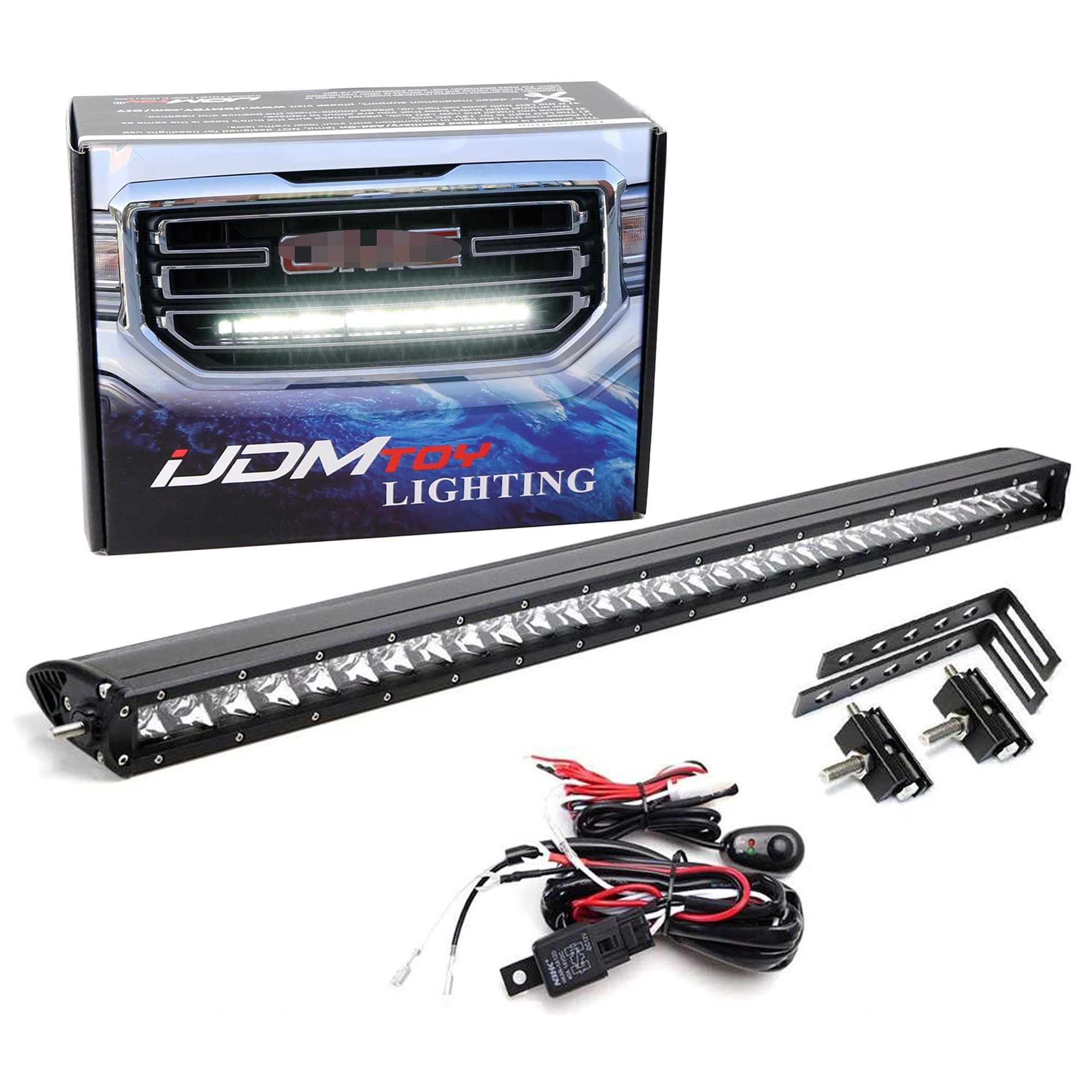 iJDMTOY Behind Grille Mount 30-Inch LED Light Bar Kit Compatible with 2014-18 GMC Sierra 1500 2500 3500 HD, Incl (1) 150W LED Li