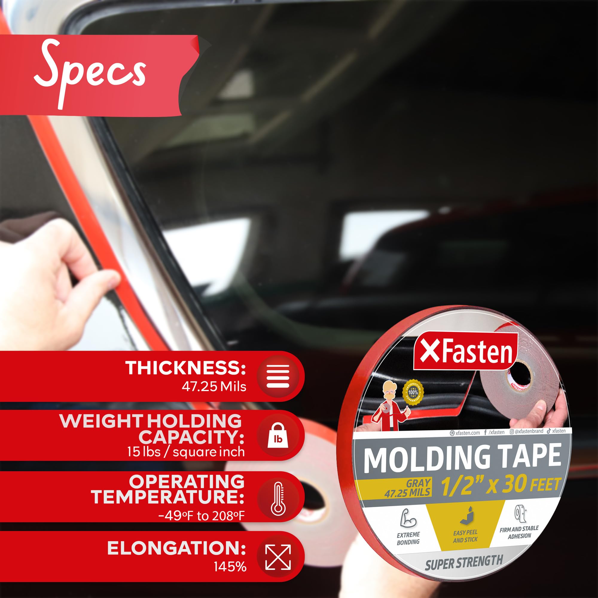 Xfasten Super Strength Automotive Molding Tape, Gray, 1/2-Inch X 30-Foot, Double Sided Exterior Mounting Tape For Auto Body Molding, Trim, Side Mirror, Emblem, Nameplate And Outdoor Applications