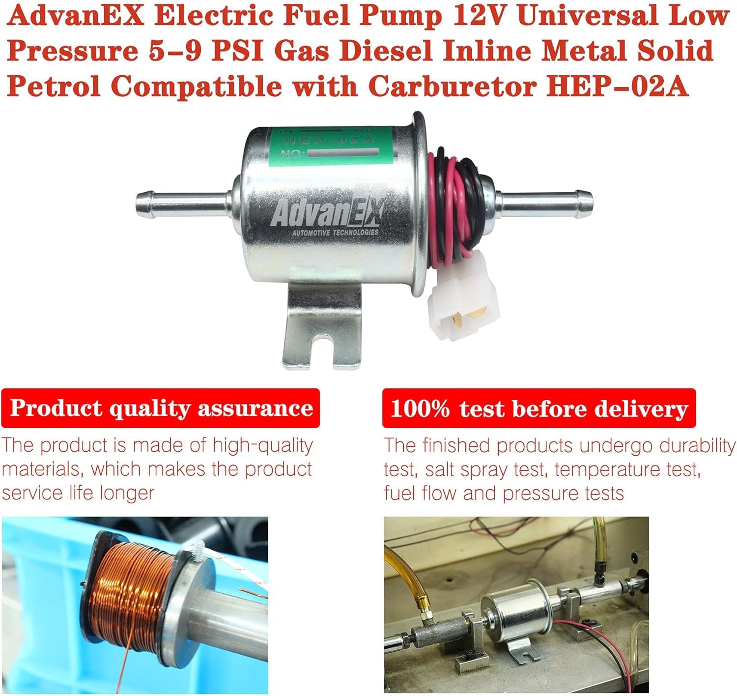 Advanex Electric Fuel Pump 12V Universal Low Pressure 5-9 Psi Gas Diesel Inline Metal Solid Petrol Compatible With Carburetor Hep-02A