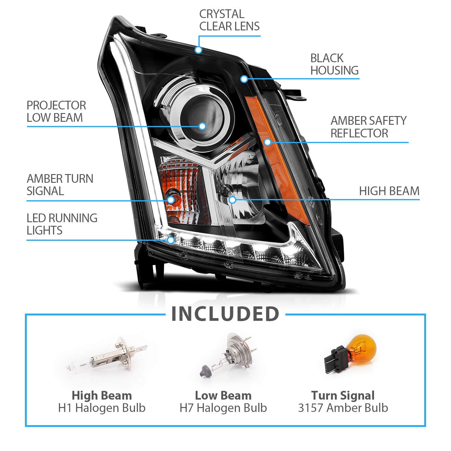 Amerilite Black Projector Headlights Plank Led Bar Set For Cadillac Srx - Passenger And Driver Side