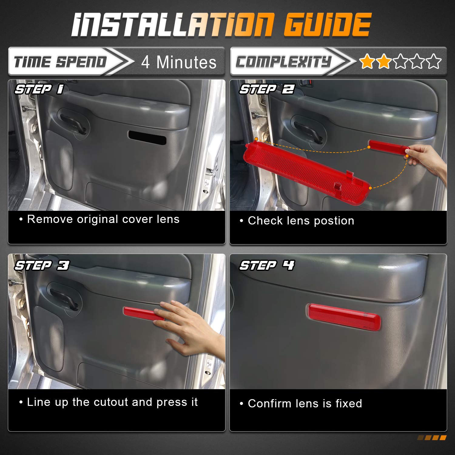 HERCOO Rear Door Trim Panel Reflector Light Cover, Red, Compatible with 2003-2007 GMC Sierra, Pack of 2, Models 15183155 15183156 743