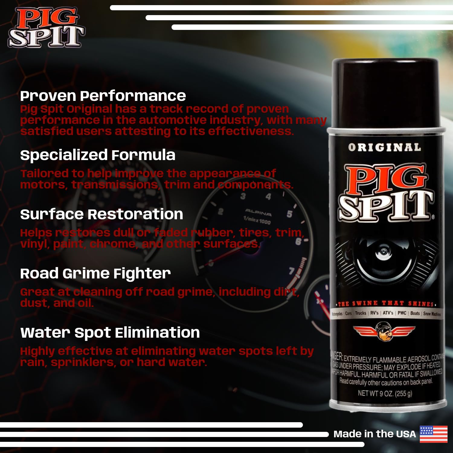 Pig Spit Original For Use On Motors, Transmissions, Vinyl And Black Plastic Trim Components And Tires | 9 Oz. | Single
