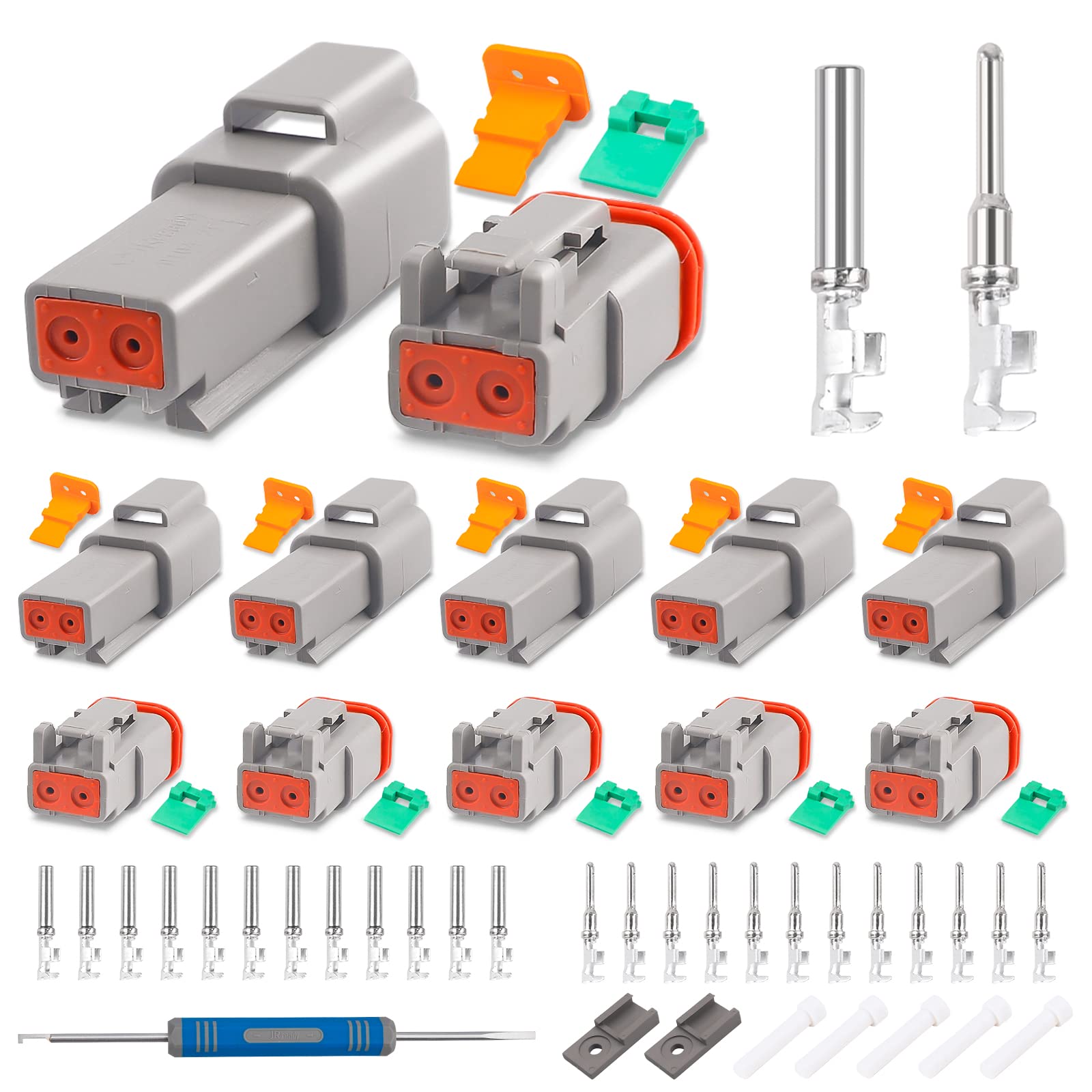 Jrready St6327-2 Deutsch 2 Pin Dt Connector Kit, Gray Waterproof Dt Connector 2 Pin(5 Set), Size 16 Stamped Contacts, Seal Plugs