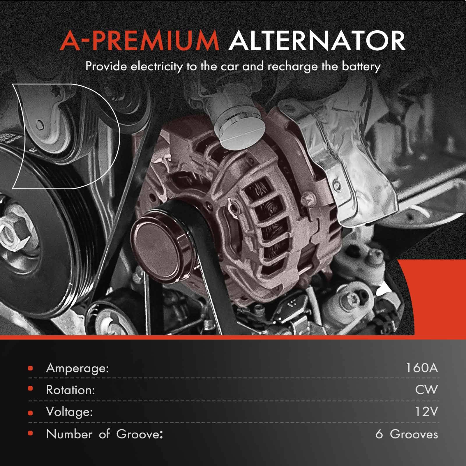 A-Premium Alternator Compatible With Chrysler 200 11-14, Town & Country 11-16 & Dodge Avenger 11-14, Grand Caravan 11-20, Journey 11-19 & Ram C/V & Vw Routan, V6 3.6L, 12V 160 Amp, 6-Groove Pulley