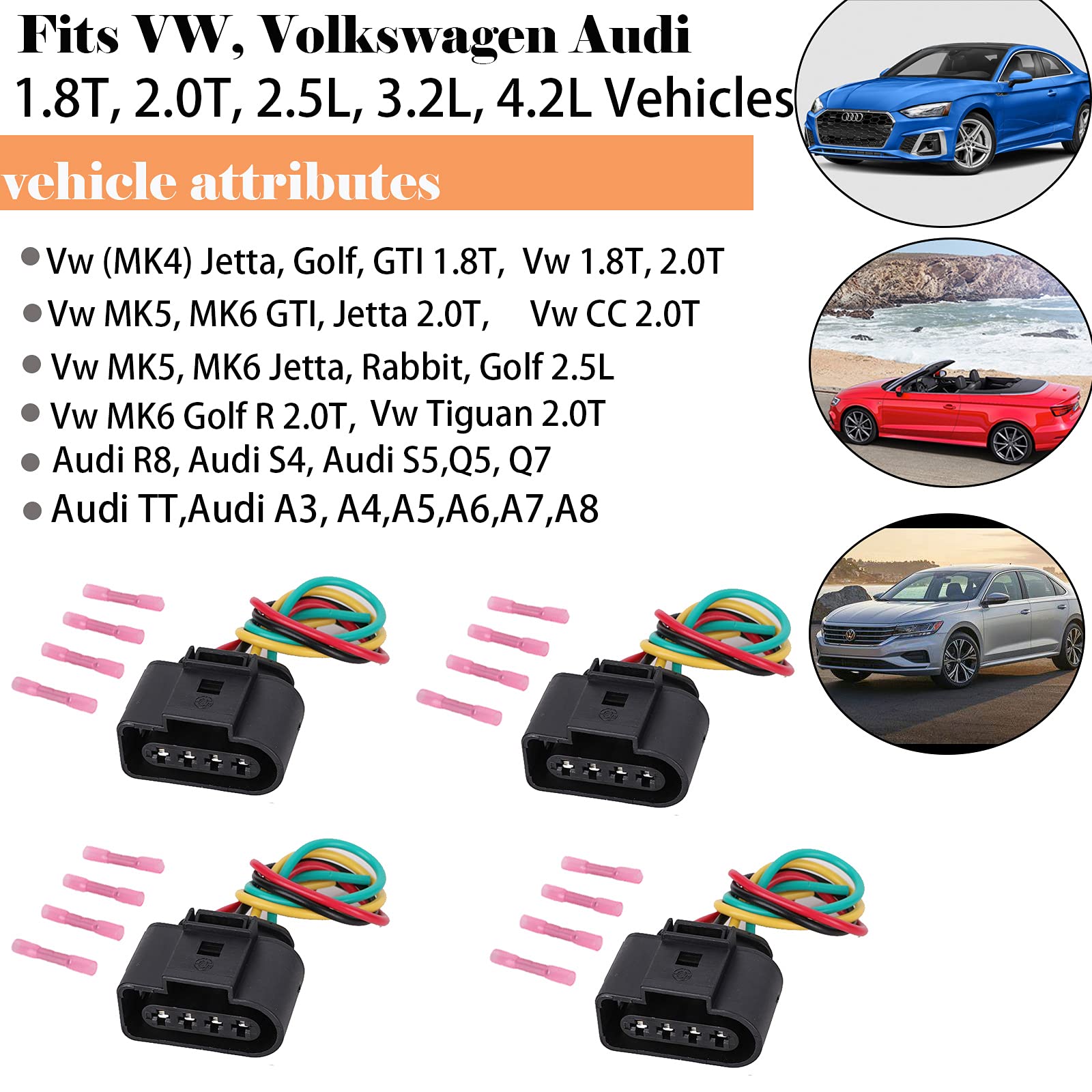 Vw Ignition Coil Connector Plug Harness Compatible with Volkswagen Vw Passat Audi A4 1.8T, 2.0T, 2.5L, 3.2L, 4.2L 4 Pack Vw Igni