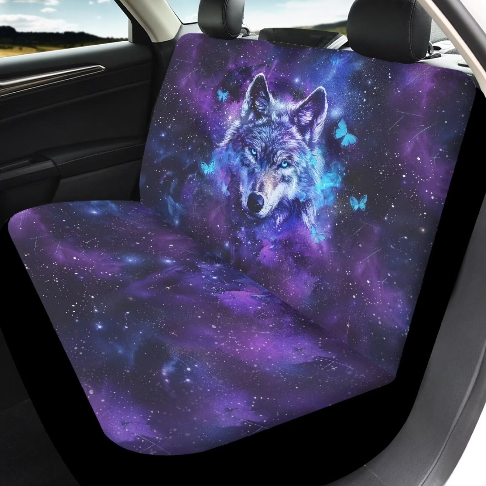 Tomeusey Car Seat Covers Front Cushion Covers and Split Rear Bench Seat Protectors for Vehicle, Wolf Butterfly Universal Auto In