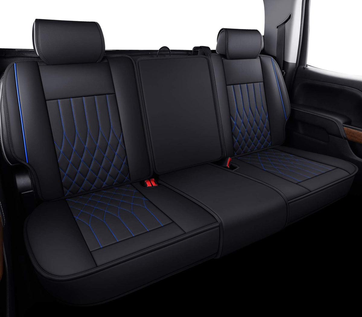 Aierxuan Silverado Sierra Car Rear Seat Covers With Waterproof Leather, Fit For 2007-2023 1500/2500 Hd / 3500 Hd Crew,Double,Extended Cab Or Pickup Truck (Black And Blue, Rear Seat)
