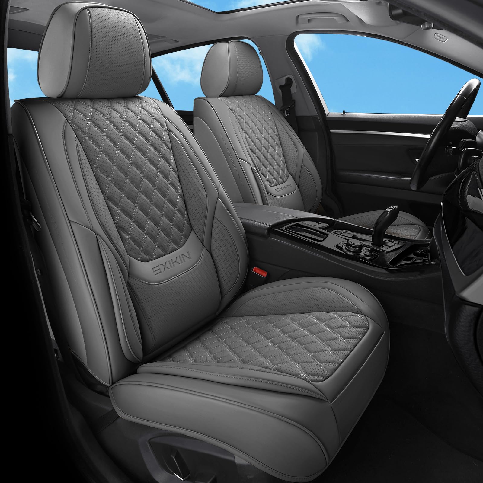 Sxikin Car Seat Covers Full Set Grey, Luxury Faux Leather Car Seat Covers Waterproof Non-Slip Seat Protector Universal Fit For M