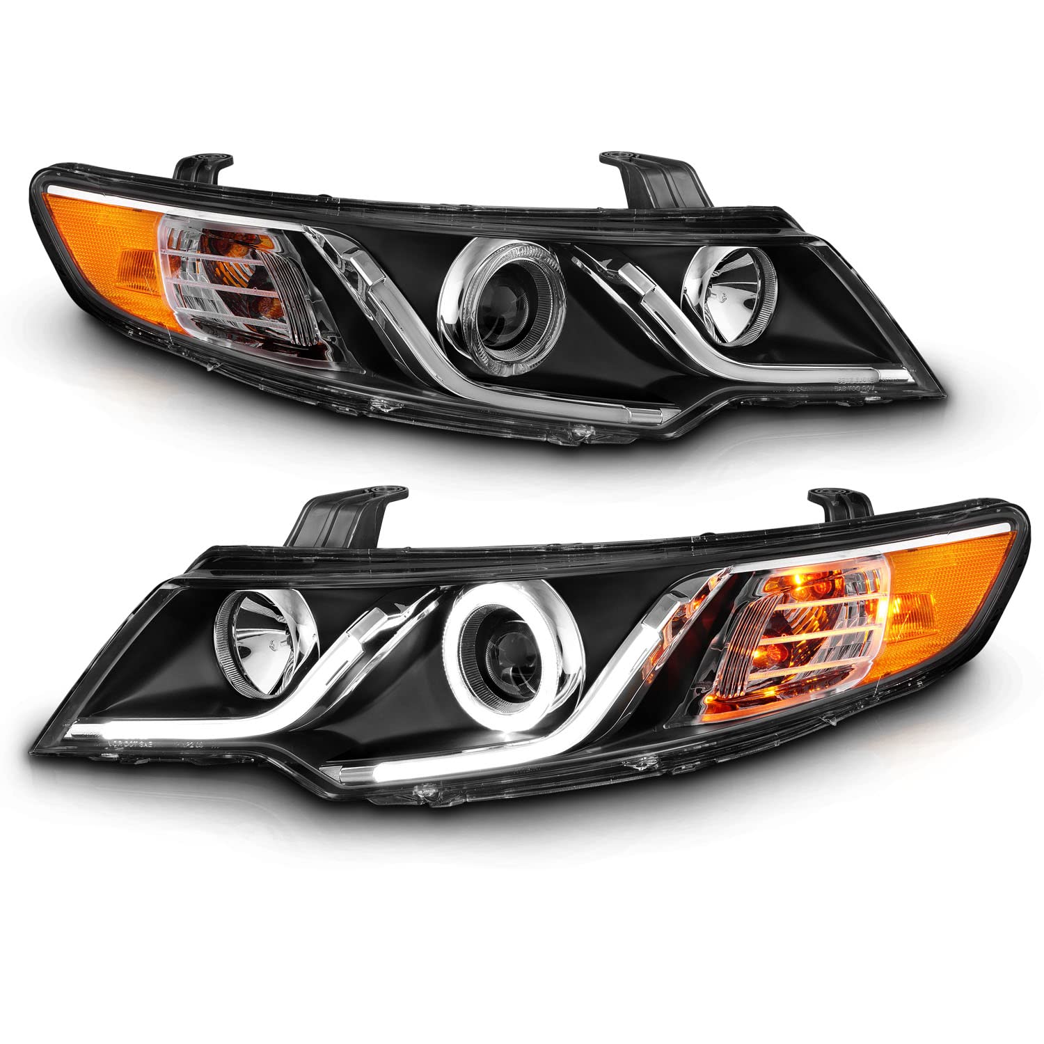 Amerilite For 2010-2013 Forte Koup Dual Led Halos + Tube Black Replacement Projector Headlights Pair - Passenger And Driver Side