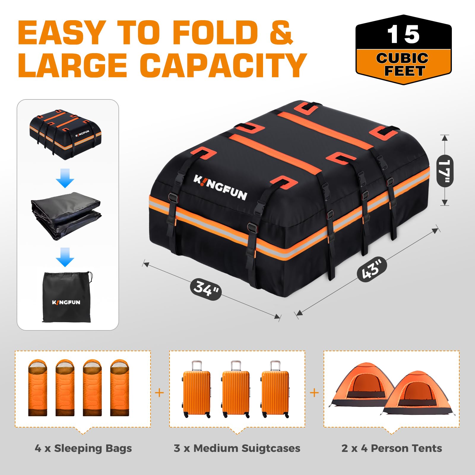 Kingfun Rooftop Cargo Carrier - Waterproof 15 Cubic Feet Car Roof Bag for All Vechicles with/Without Racks, Includes Anti-Slip M
