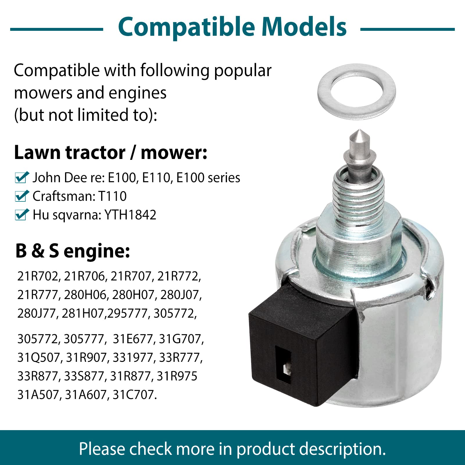 CLSR2U 846639 Fuel Shut-Off Solenoid for B&S Engine - Compatible with John Deere, Husqvarna, Craftsman Mowers - Silver with Wiring Harness