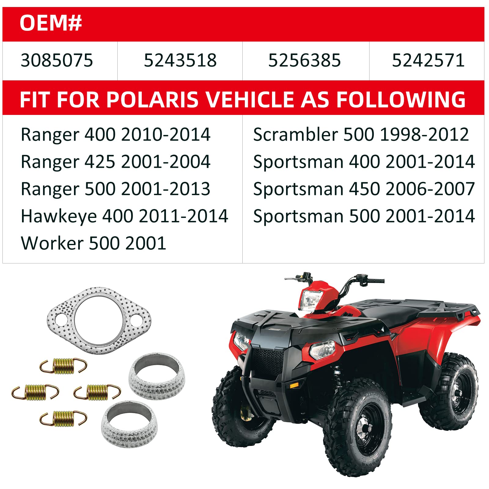 Exhaust Muffler Gasket Seal Spring Rebuild Kit For Polaris 01-14 Sportsman 400 450 500 Ranger 400 425 500 Scrambler 500 Hawkeye