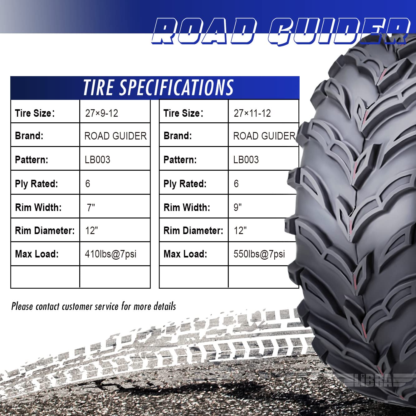 Roadguider Full Set Atv Utv Tires 27X9-12 27X9X12 Front & 27X11-12 27X11X12 Rear 6Pr