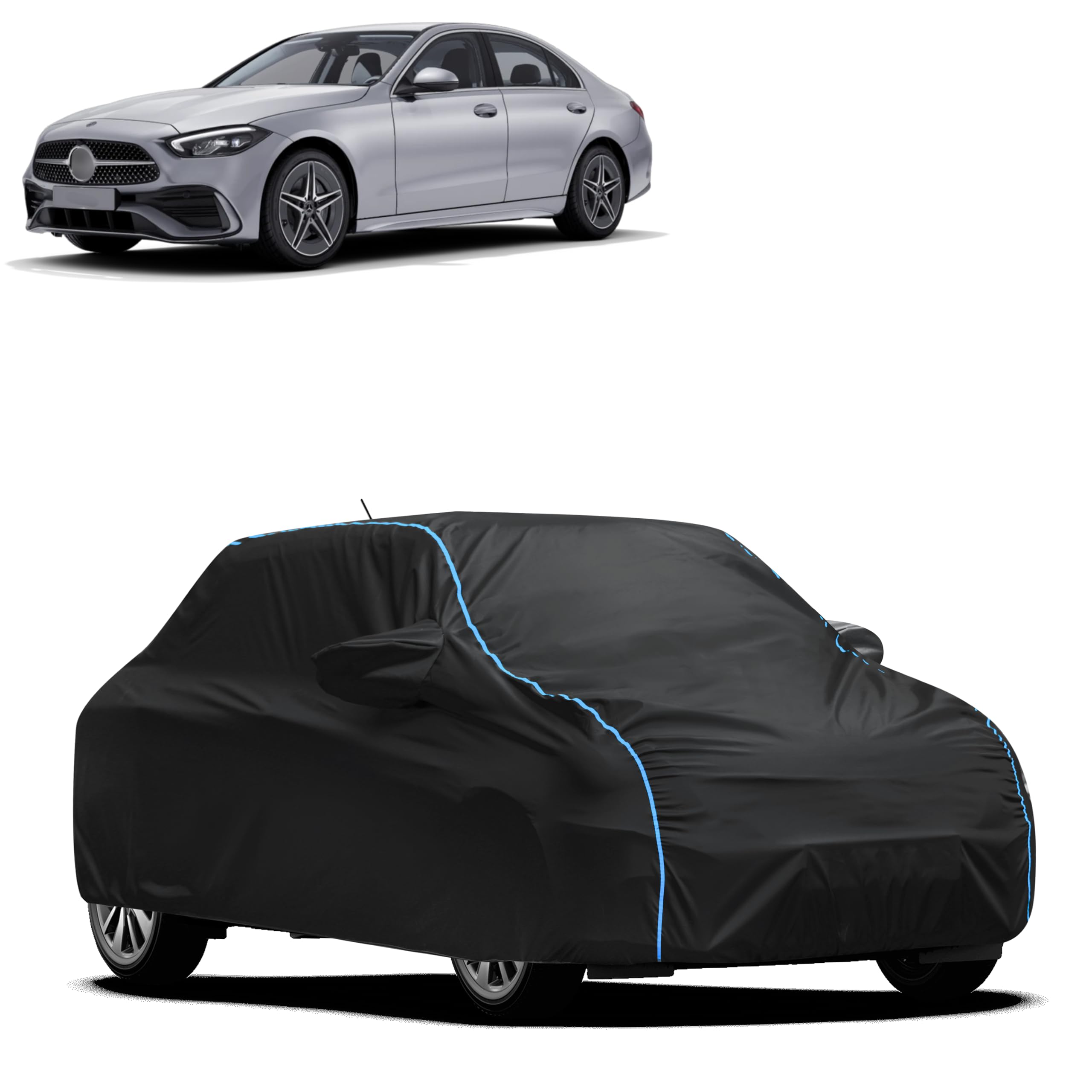 MWISS AllWeather Resistant Car Cover Compatible with Mercedes Benz CClass C 200 | Mirror & Antenna Pockets | Elastic Bottom He