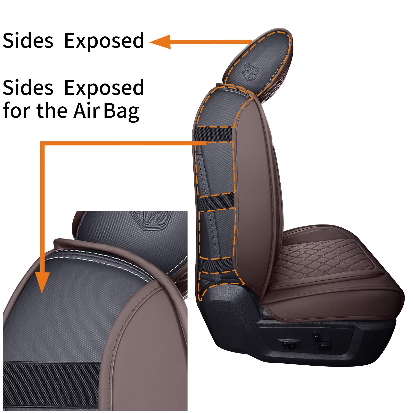 Aierxuan Seat Covers For Dodge Ram Custom Fit 2009-2023 1500 2500 3500 Truck Pickup Crew Quad Regular Cab Waterproof Leather Airbag Compatible Cushion(2 Pcs Front/Brown)