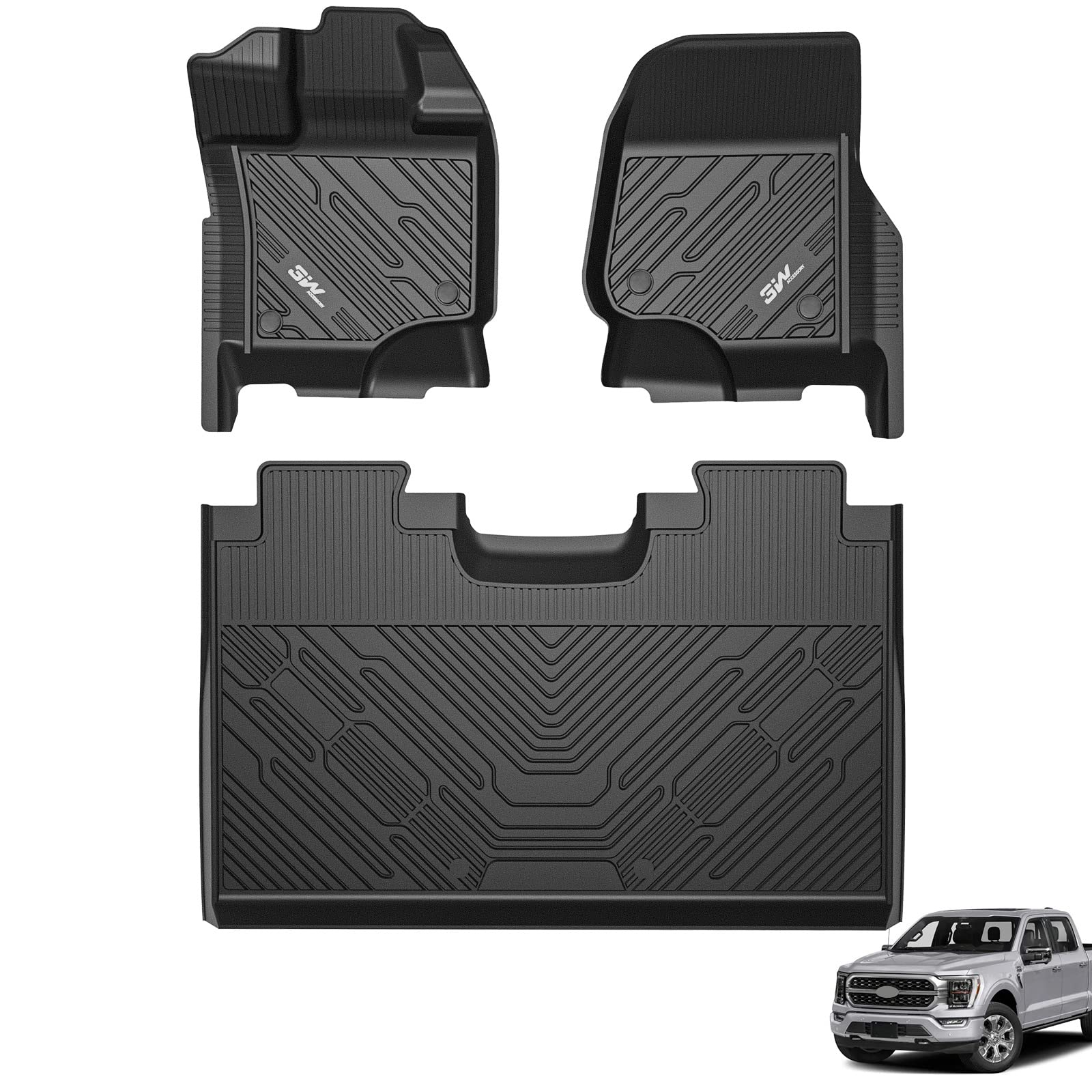 3W Floor Mats Custom Fit For Ford F150/F-150 Lightning Supercrew Cab 2015-2024 2025, Tpe All Weather Heavy Duty Car Accessories Full Set Car Liners Easy Cleaning (W/O Folding Under-Seat Storage Box)