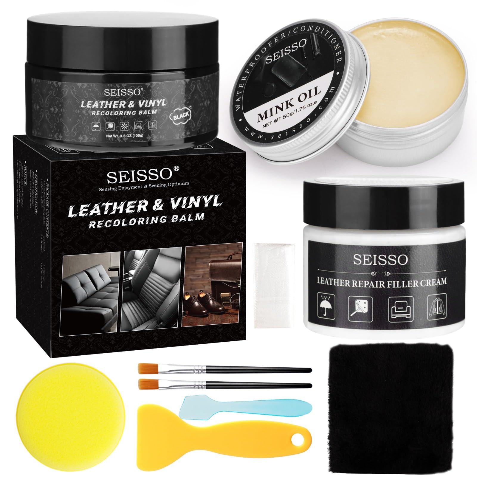 SEISSO Leather Repair Kit for Furniture, Black Vinyl Repair Kit with Mink Oil, Car Interior Leather Recoloring Balm for Scratche